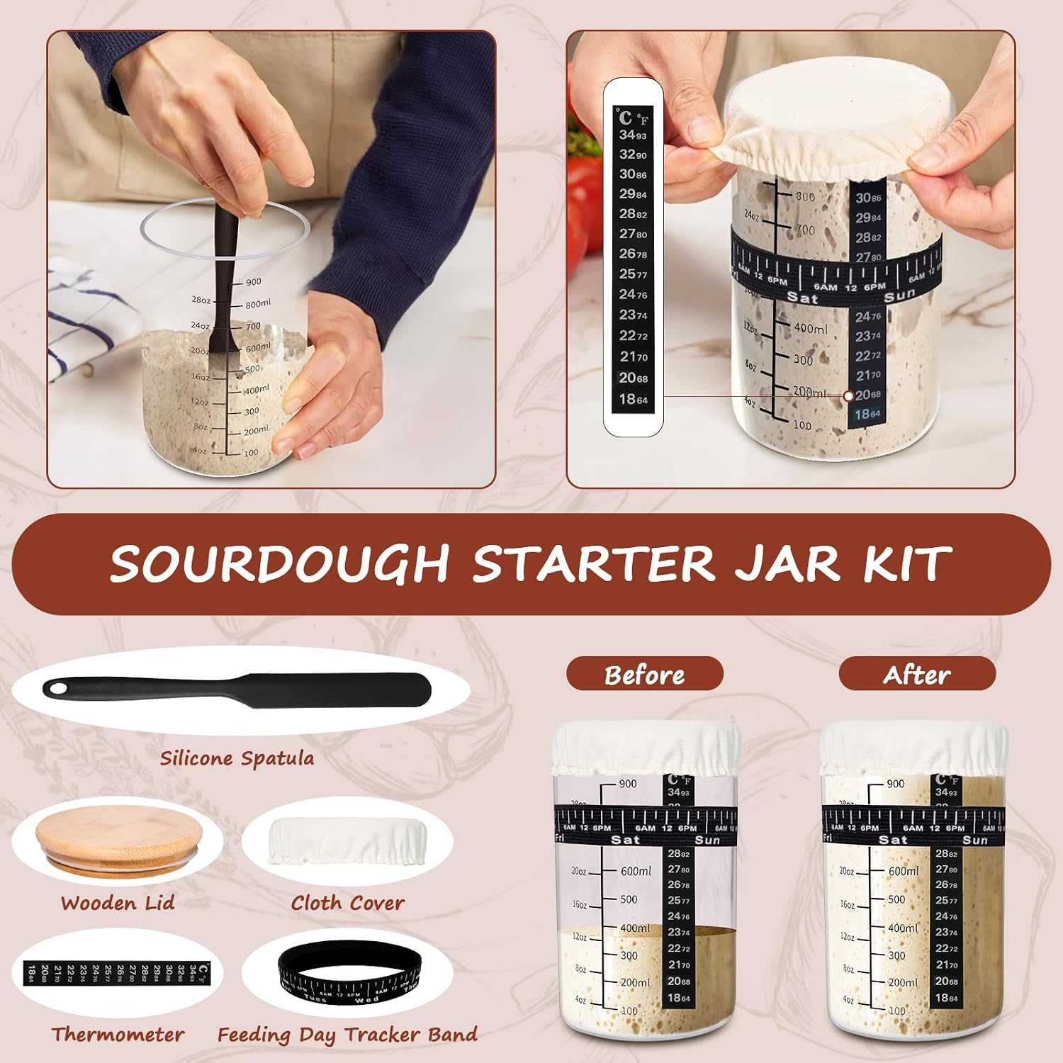 EWFEN Sourdough Starter Kit with Enamel Cast Iron Pot, Complete Sourdough Bread Baking Supplies, Round & Oval Bread Proofing Basket with 34 Oz Starter Jar, Bread Making Tools Kit