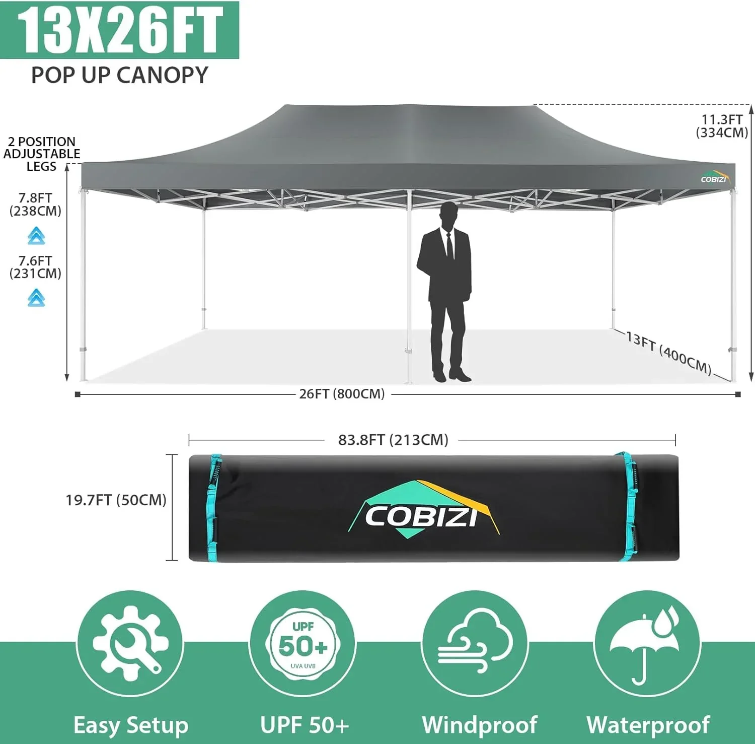 Tente pliante robuste COBIZI 10x20, 6 parois latérales, pour événements commerciaux, mariages et réceptions