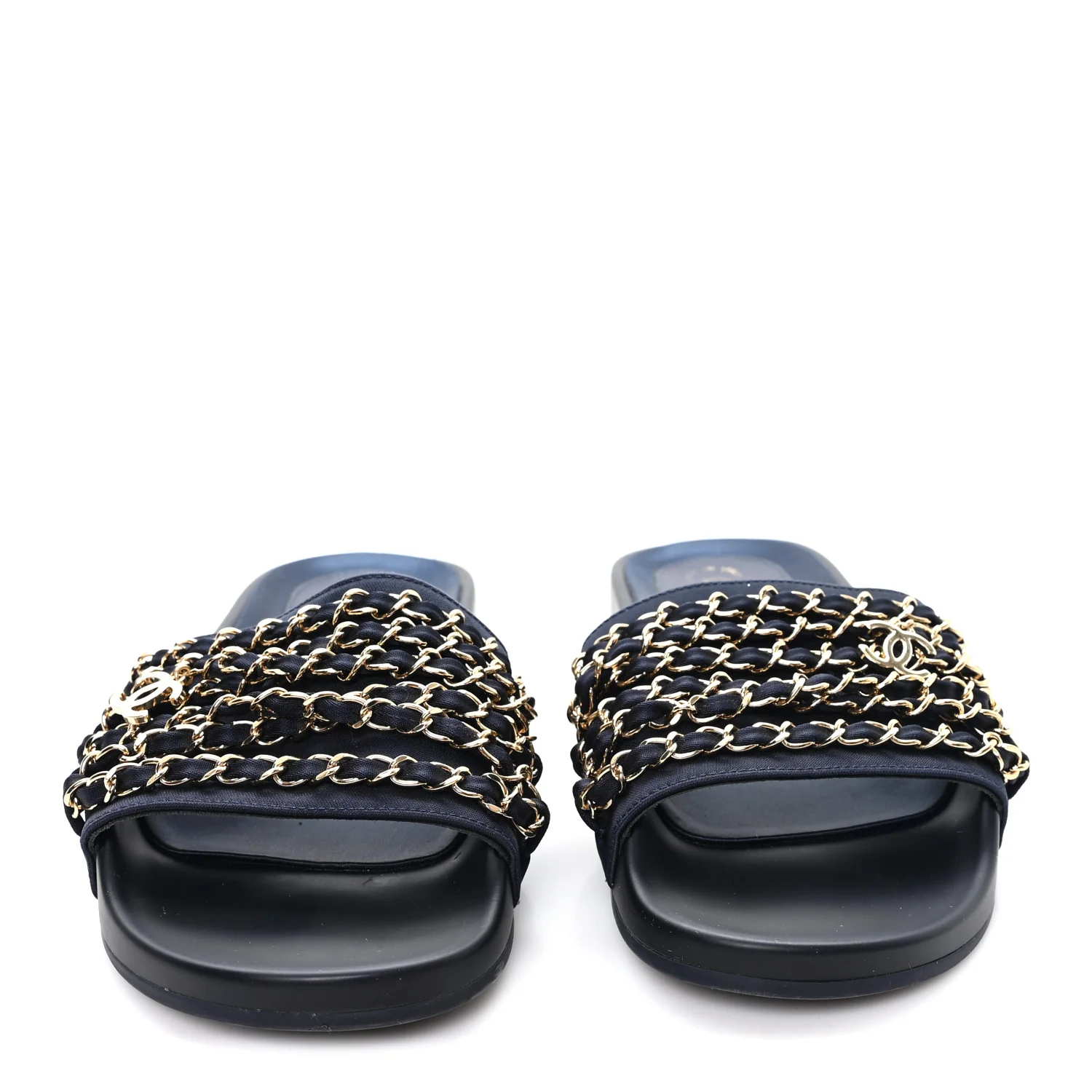 Satin Canvas Chain Slides Sandals Flats 38 Marine
