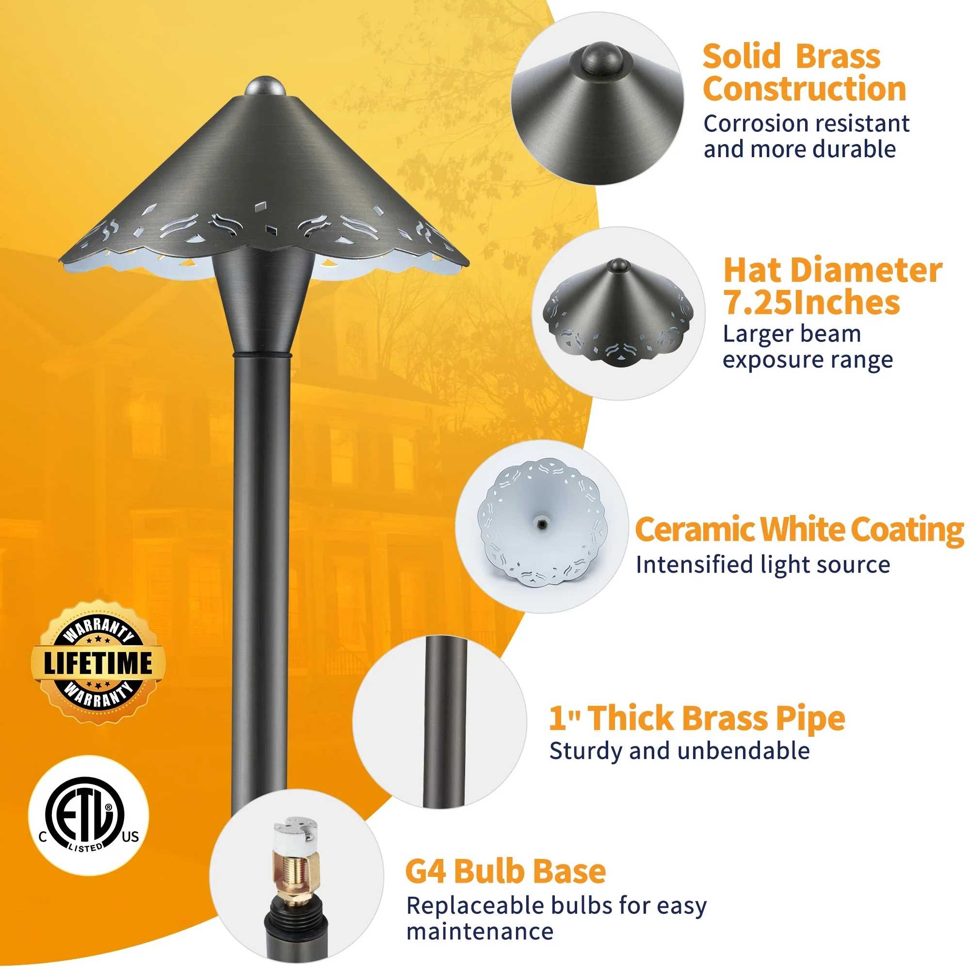 Gardenreet Brass Low Voltage Pathway Lights, 12V Outdoor LED Landscape Path Lights(Hat) for Walkway Driveway Garden Yard Without G4 Bulb