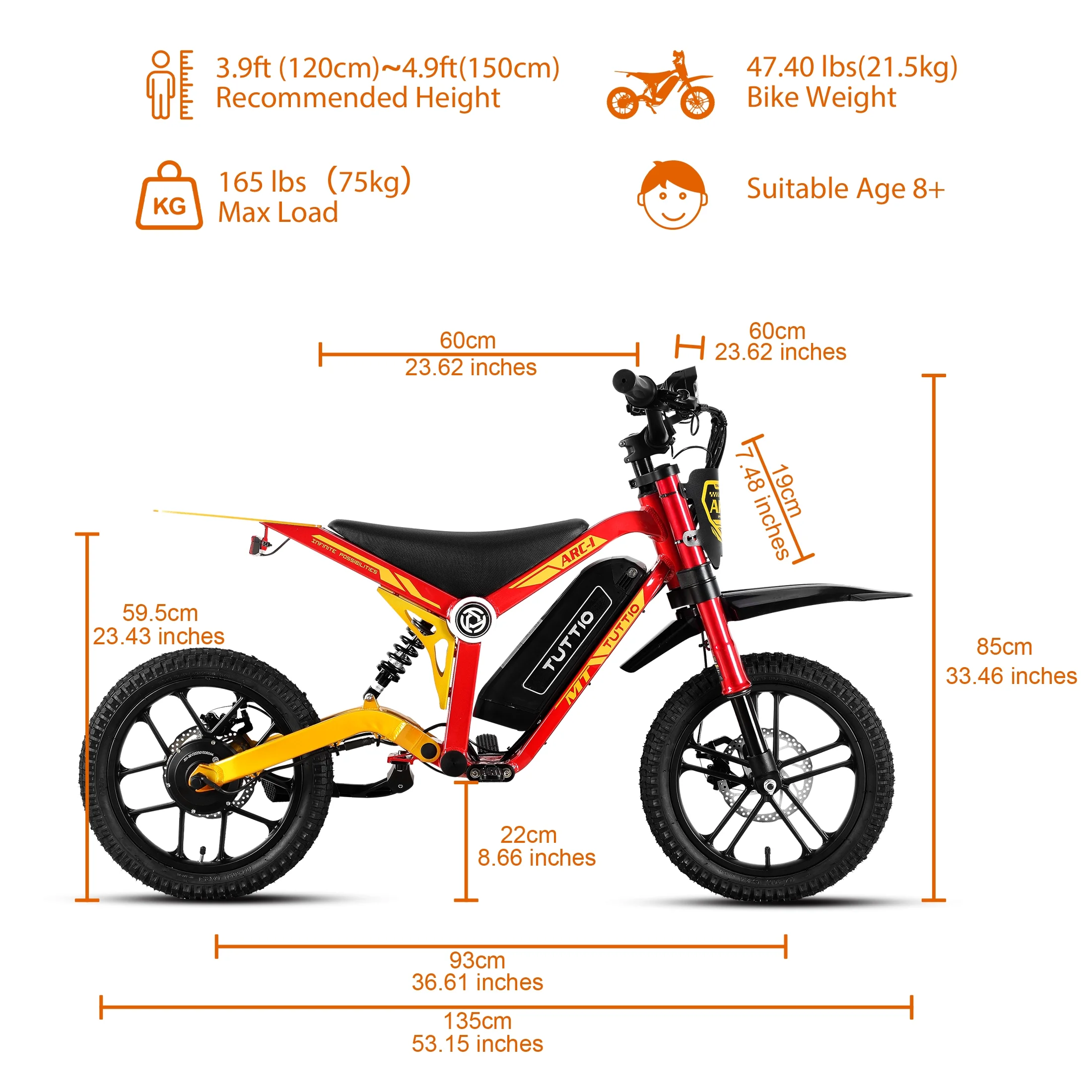 ARC-1 750W Mini Electric Dirt Bike for Kids 8-14, 5-Speed Modes Electric Motorcycle, 22MPH, 16" Tires, 36V Battery, 25 Miles Range(Gold) - Image 6