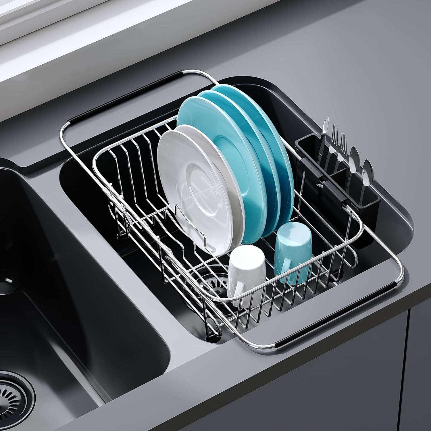 JASIWAY Dish Drying Rack in Sink, Dish Drainer with Cup and Utensil Holder