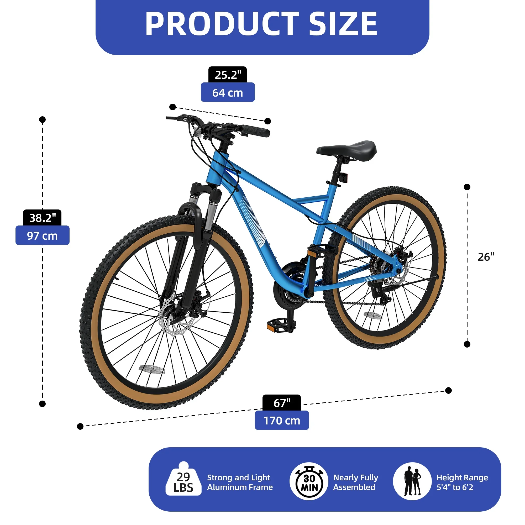 ModFusion 26-Inch Aluminum Alloy Mountain Bike, 21-Speed, Disc Brakes, Black with Brown Tires, 85% Assembled
