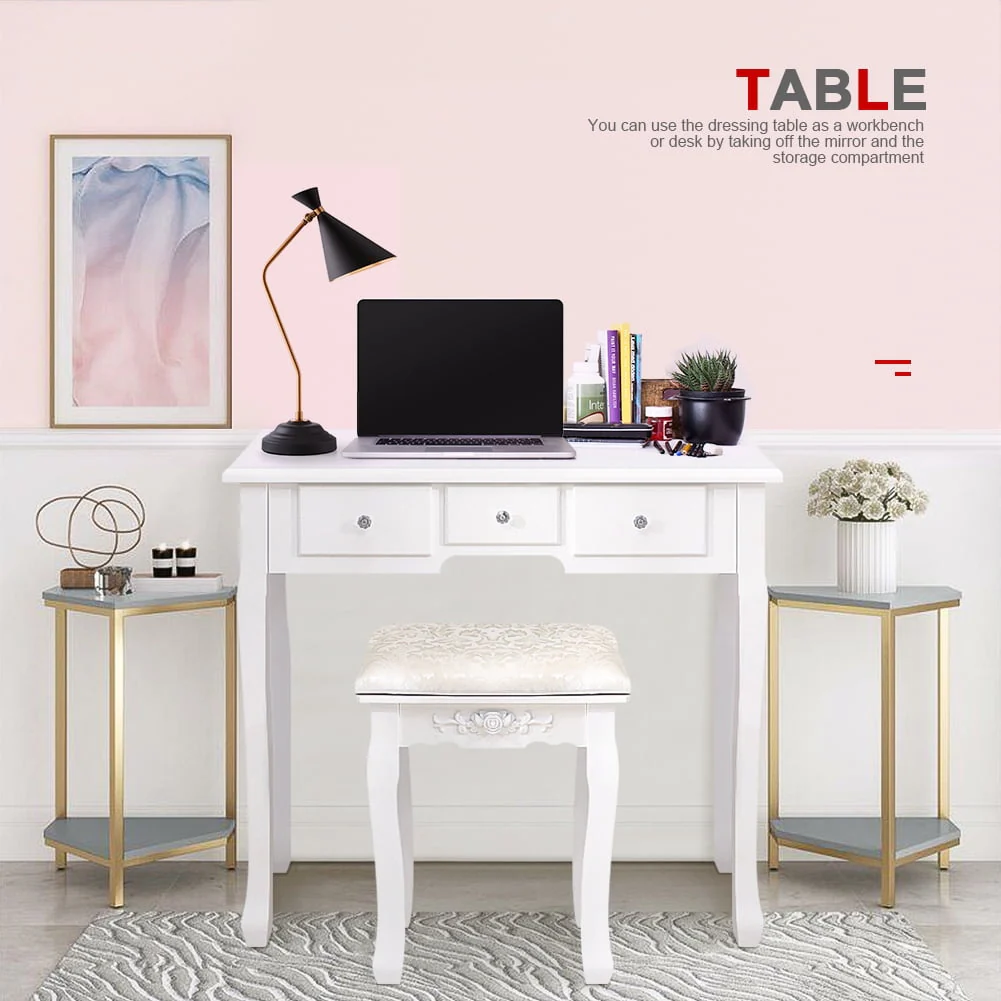 Vanity Table 10 LED Lights, 5 Drawers Makeup Dressing Desk with Cushioned Stool Set,Bedroom Vanities Set White - Image 9