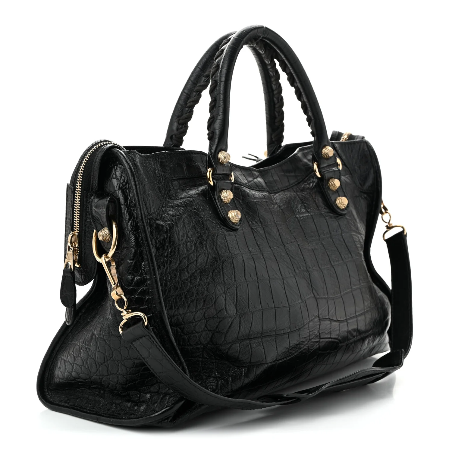 Calfskin Crocodile Embossed Giant 12 Gold Hardware City Black