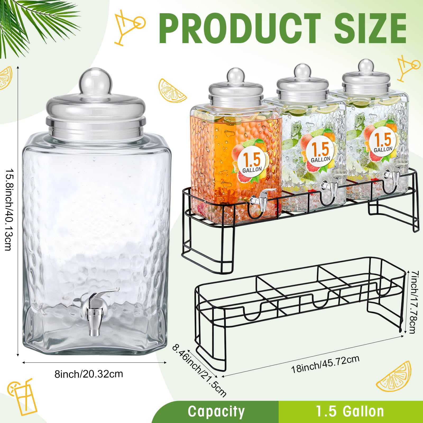 1.5 Gallon Glass Beverage Dispenser with Stand Stainless Steel Spigot Glass Lid Clear Iced Juice Container Leakproof Drink Dispenser Countertop Lemonade Water Jar for Wedding Party (3 Pack)