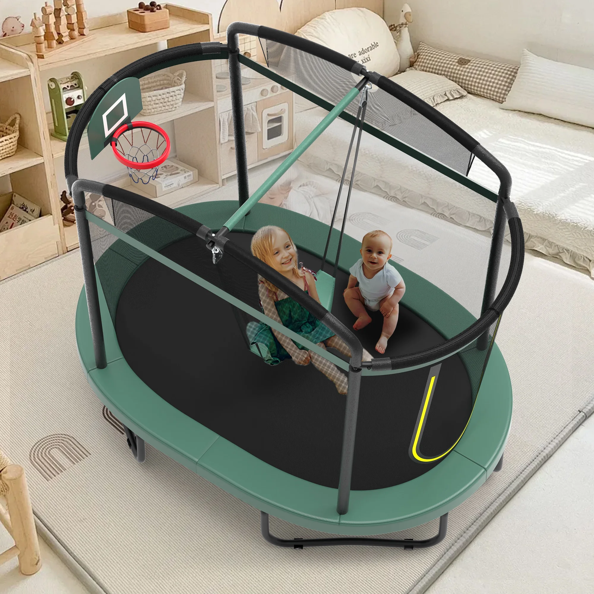 Seizeen 6FT Trampoline for Kids, 3 - IN - 1 Rectangular Outdoor/Indoor Trampoline with Enclosure, Basketball Hoop, Swing