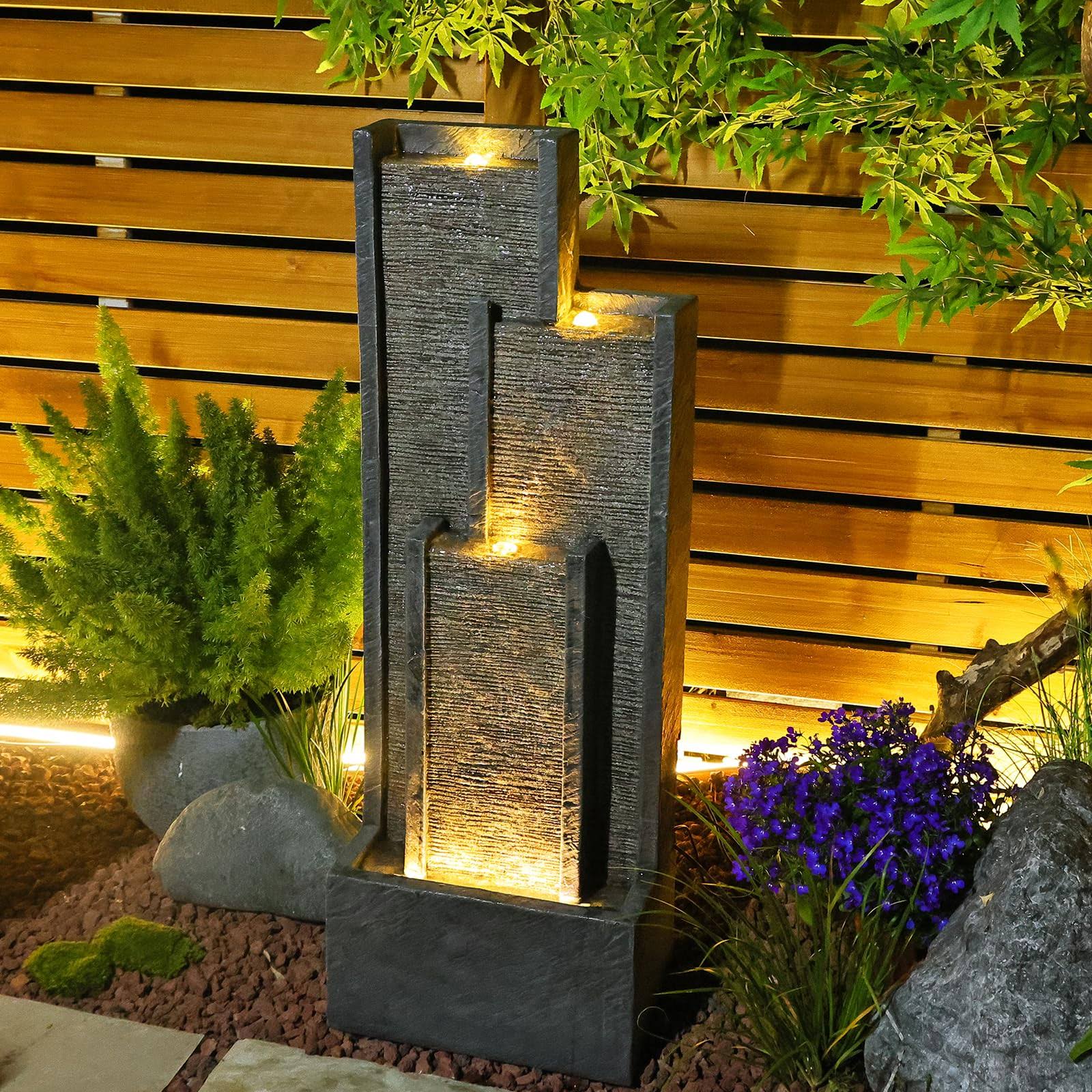 SERBILHOME Water Fountain Outdoor Indoor Modern Cascading Floor - Standing Fountain with LED Lights and Pump 39.3�� H Contemporary Curves Garden