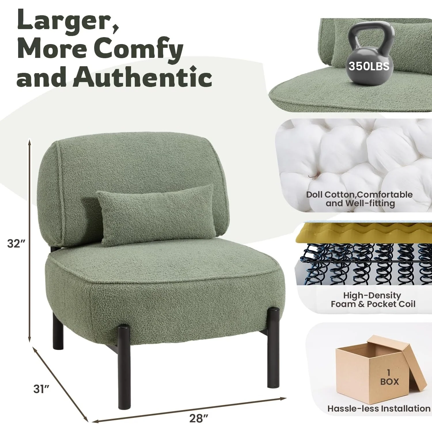 AECOJOY Mid Century Modern Accent Chair, Extra Large Teddy Upholstered Lounge Chair with Pillow