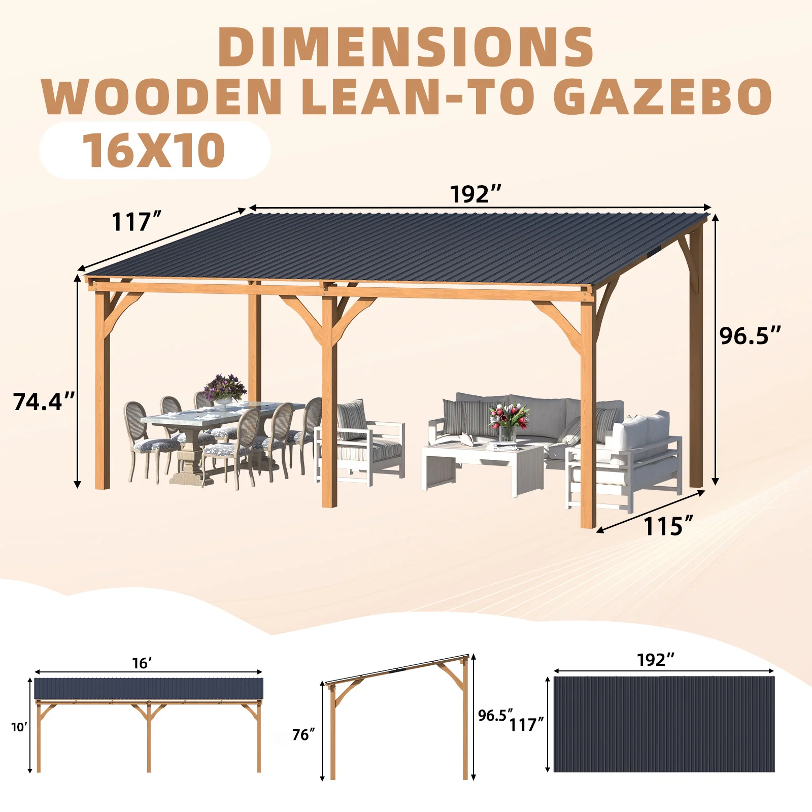AECOJOY 16' x 10' Outdoor Wooden Gazebo, Patio Lean to Hardtop Pergolas and Gazebos