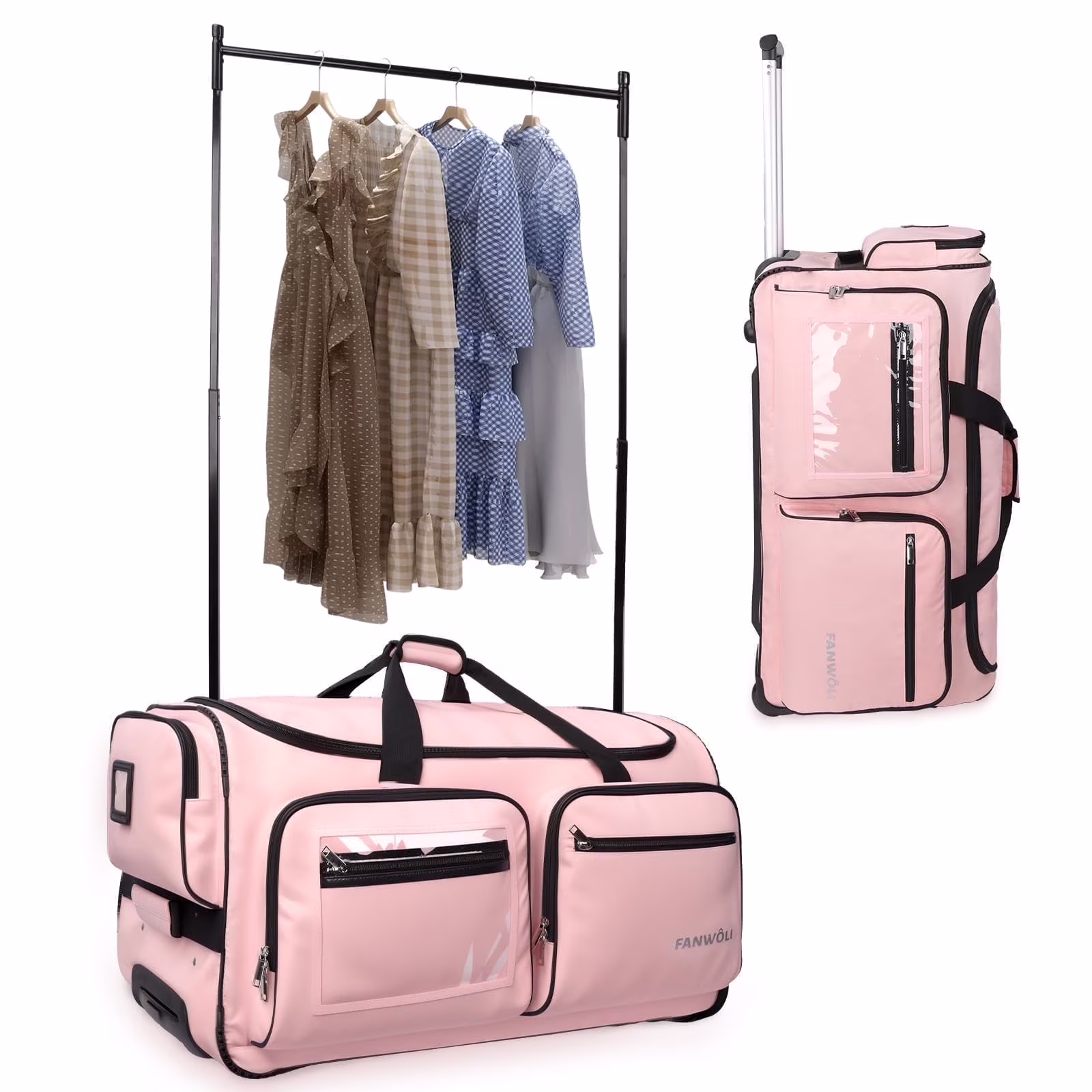 Dance Bag with Garment Rack 28"Collapsible Rolling Competition Dance Duffle Bag Lightweight Costume Wheeled Suitcase for Dancers Shows Livestreamer Athletes(Pink-28Inch)