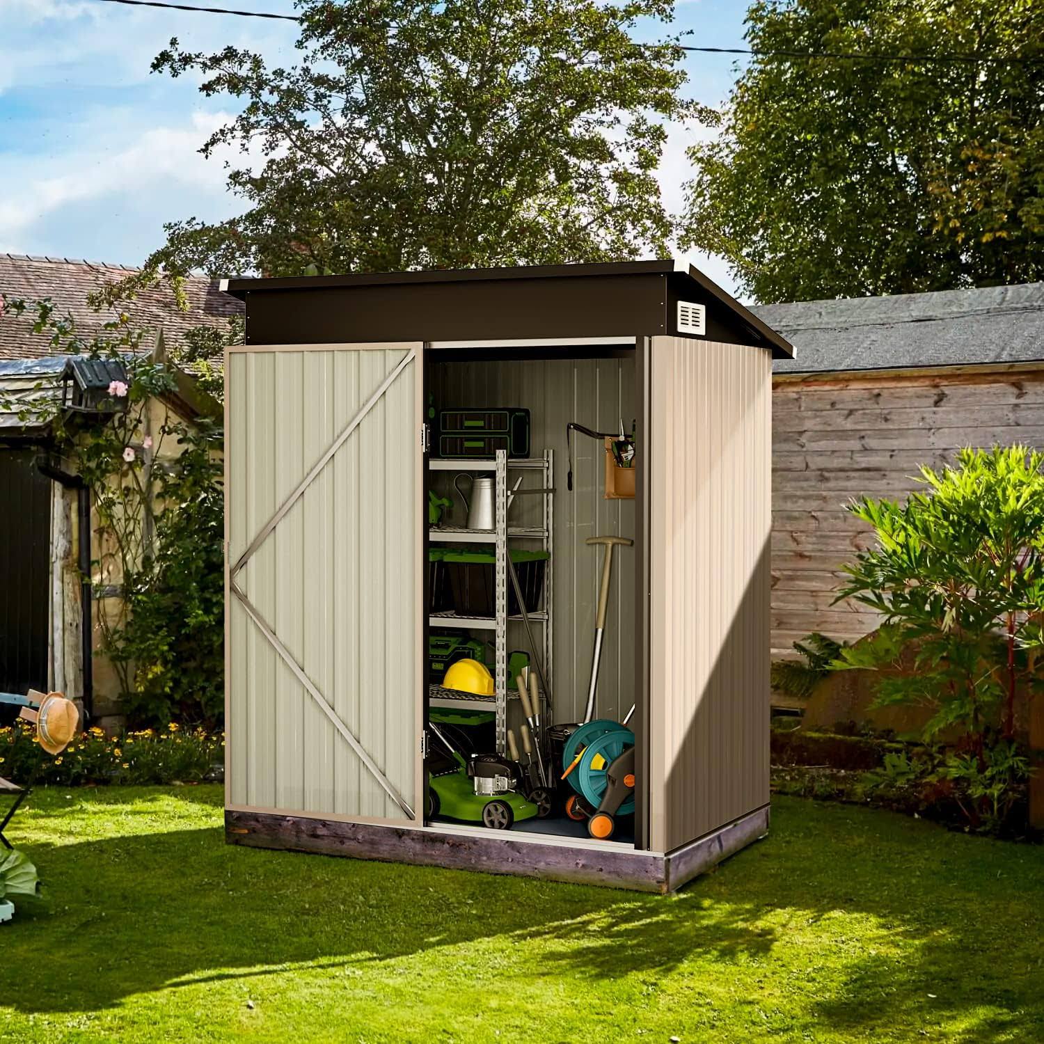 Aoxun Outdoor Storage Shed5x3 ft Garbage Canoutdoor Metal Shed for Toolgardenbike Brown, 5' x 3'