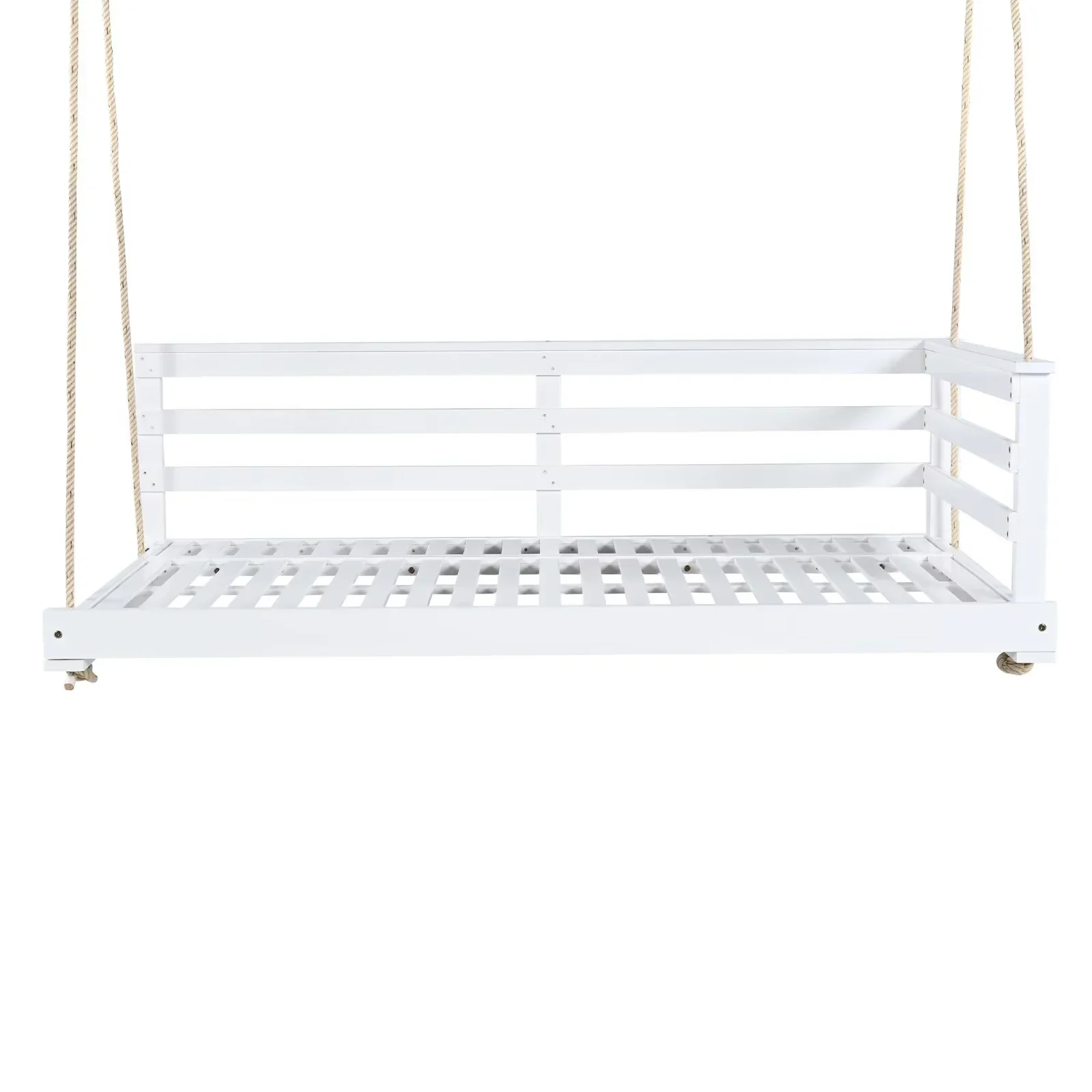 Country Patio Wooden Twin Size Swing Daybed Porch Swing Frame with 4pcs 96-inch Hemp Ropes for Backyard, Garden, White