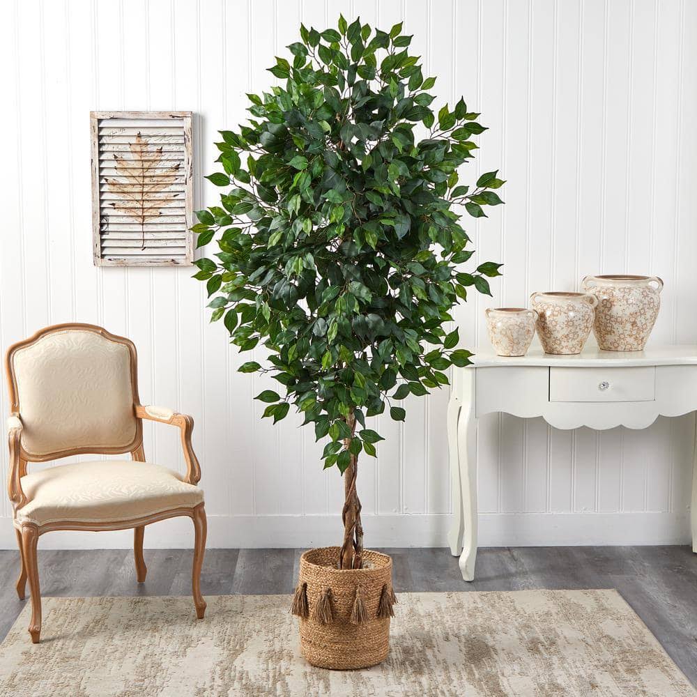 6 ft. Green Ficus Artificial Tree with Natural Trunk in Handmade Natural Jute Planter with Tassels