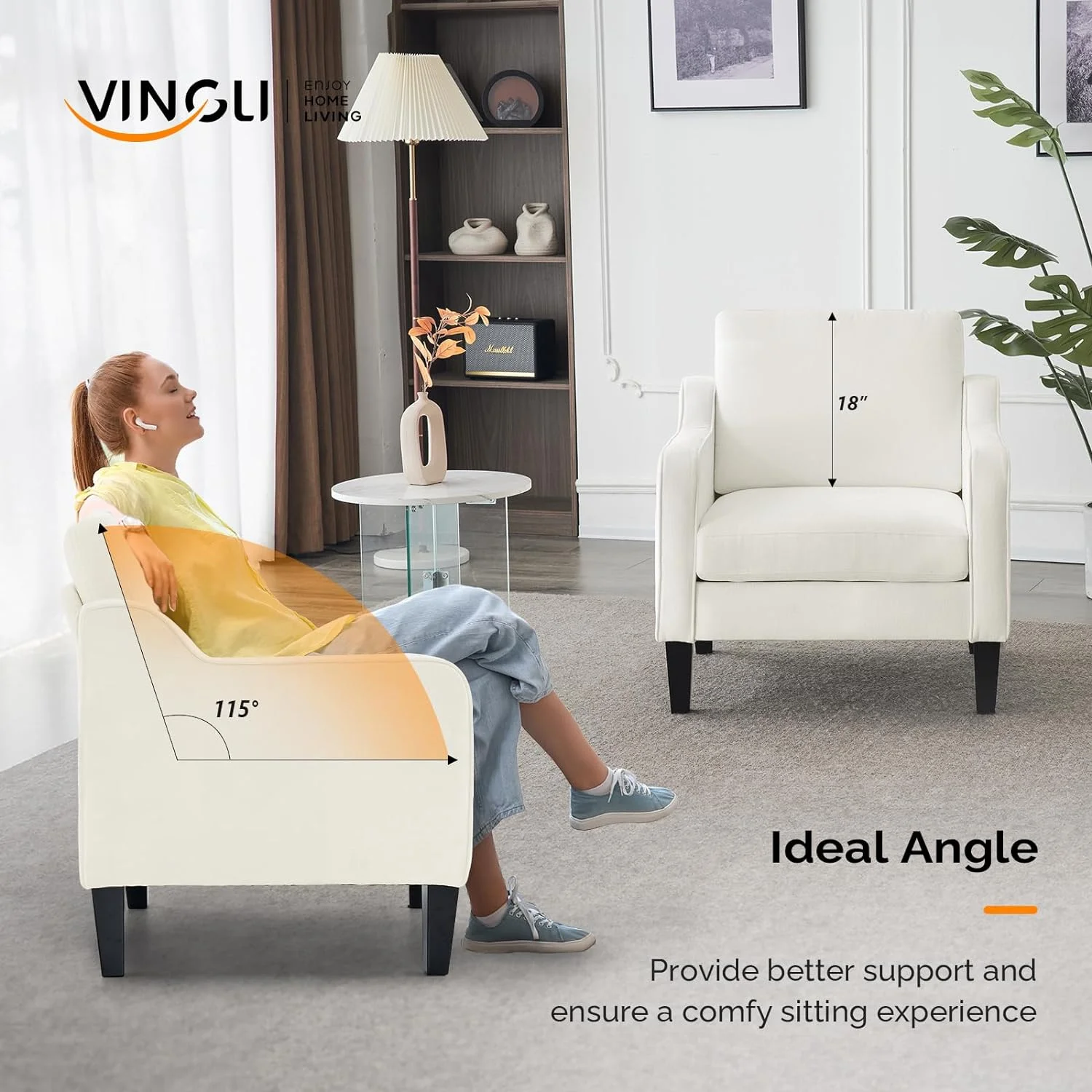 VINGLI Mid Century Modern Chenille Comfy Armchair, Creamy White