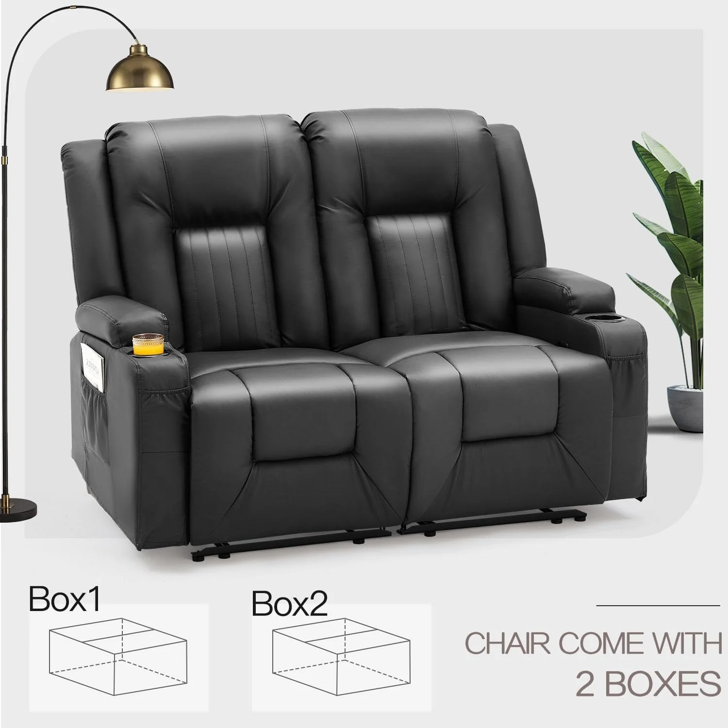 AECOJOY Loveseat Recliner with Cup Holders&Side Pockets, Black, 2