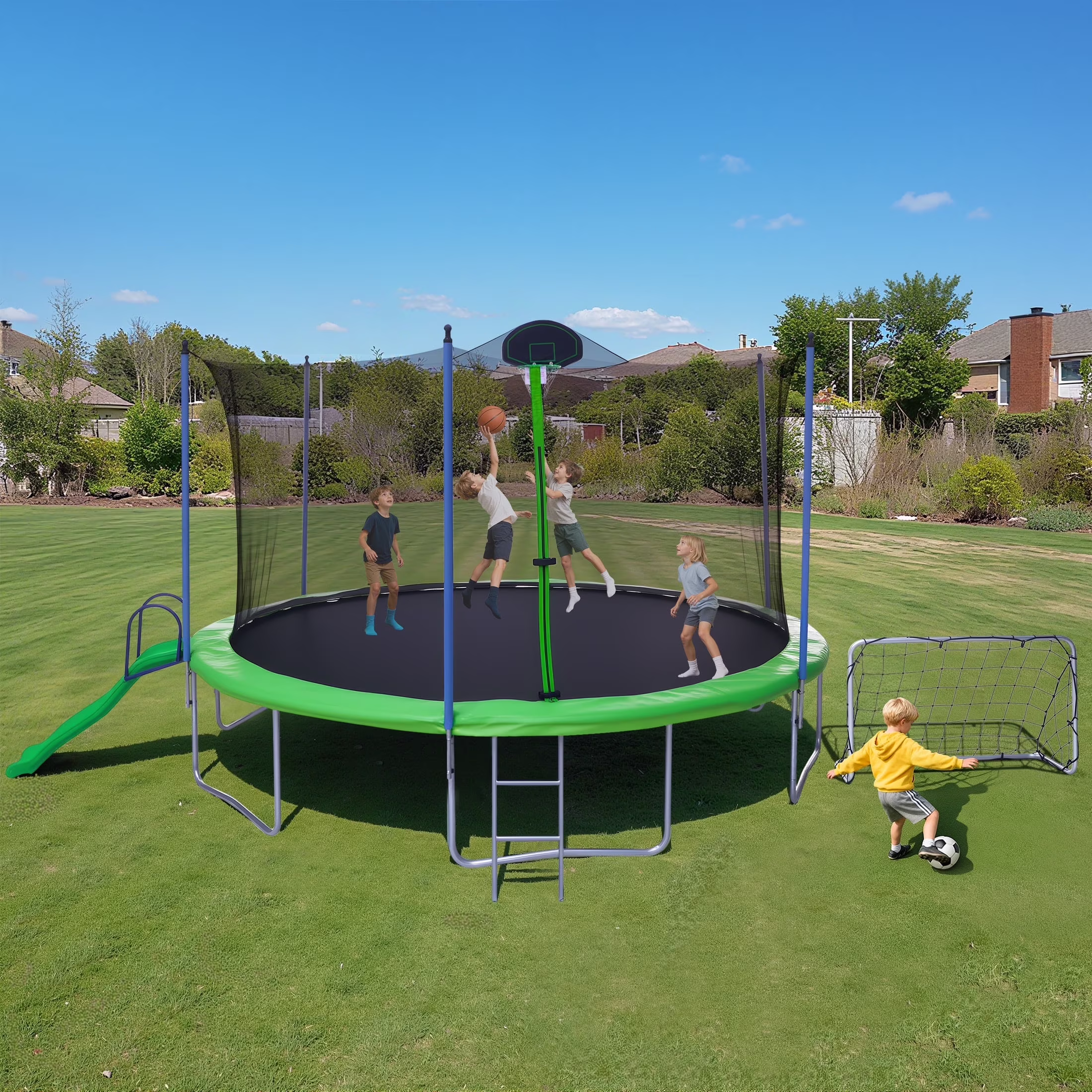 12FT Trampoline with Slide, Swings, Recreational Trampoline with Basketball Hoop and Ladder, Heavy Duty Outdoor Backyard Trampoline with Net for Kids and Adults, Green(Green-12FT) - Image 5