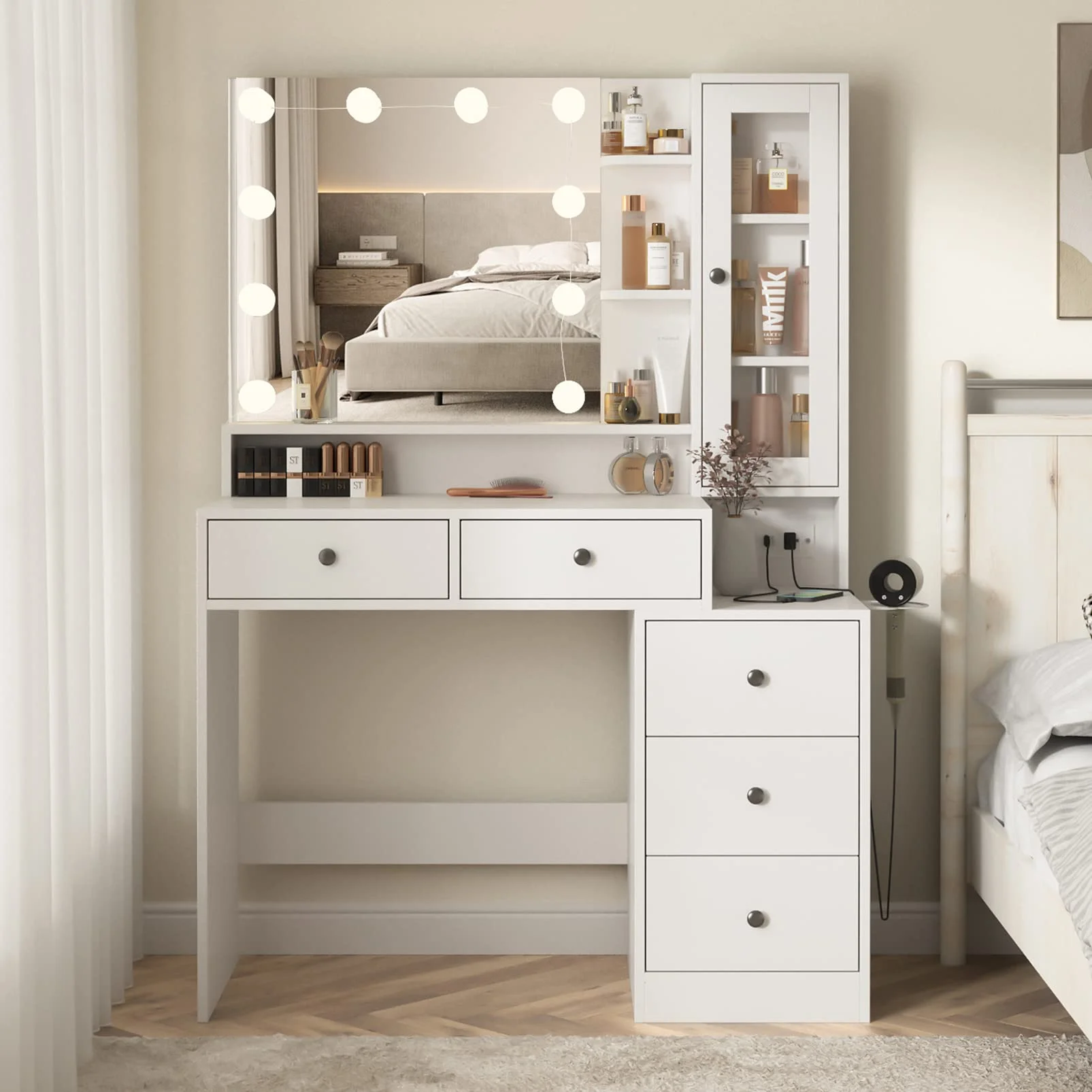 Makeup Vanity Desk with Lighted Mirror and Power Strip, Modern Vanity Table with 5 Drawers, White(White) - Image 2