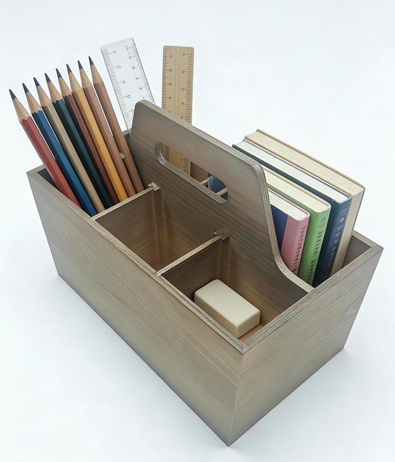 Stackable portable handheld storage box, suitable for storing school supplies, office supplies, handicrafts, or kitchen and bathroom items (rectangular wooden)