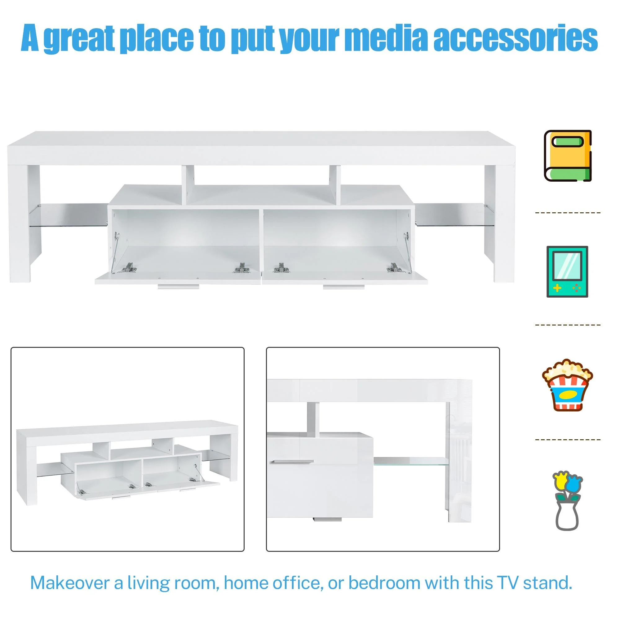 TV Stand for TVs up to 70", High Gloss TV Cabinet with LED Light, Modern TV Console Table with Storage Drawers, Media Television Stand Entertainment Center, White(70 inch/White) - Image 7