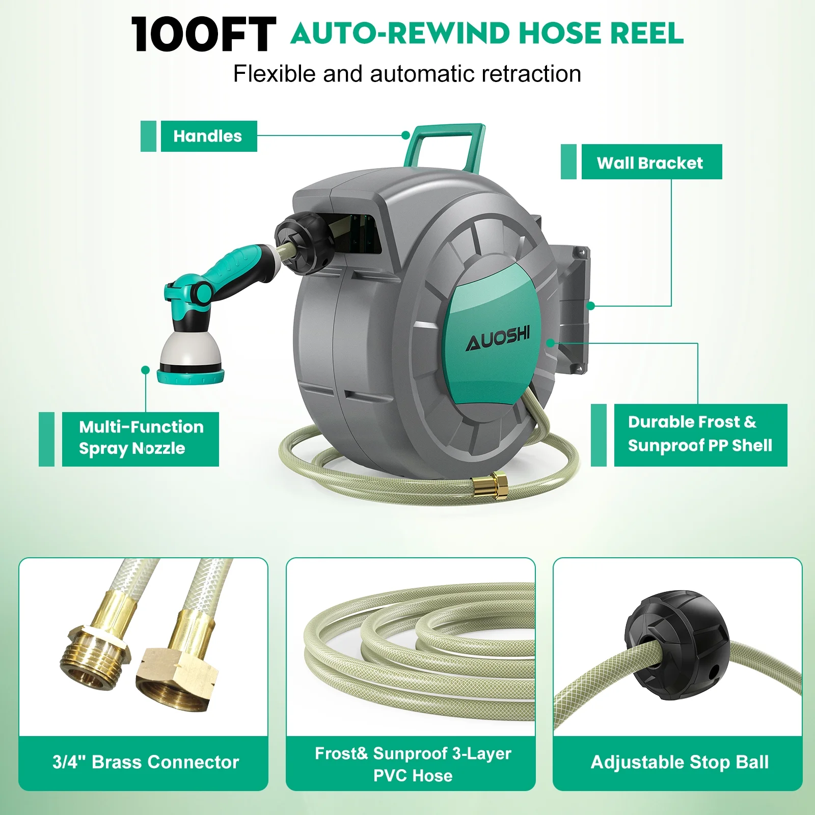 Retractable Garden Hose Reel 1/2" 100ft Automatic Hose Reel with 10 Function Sprayer Nozzle Wall Mount 180 Deg Swivel Bracket Hose Reel with Any Length Lock Slow Return System(100') - Image 4