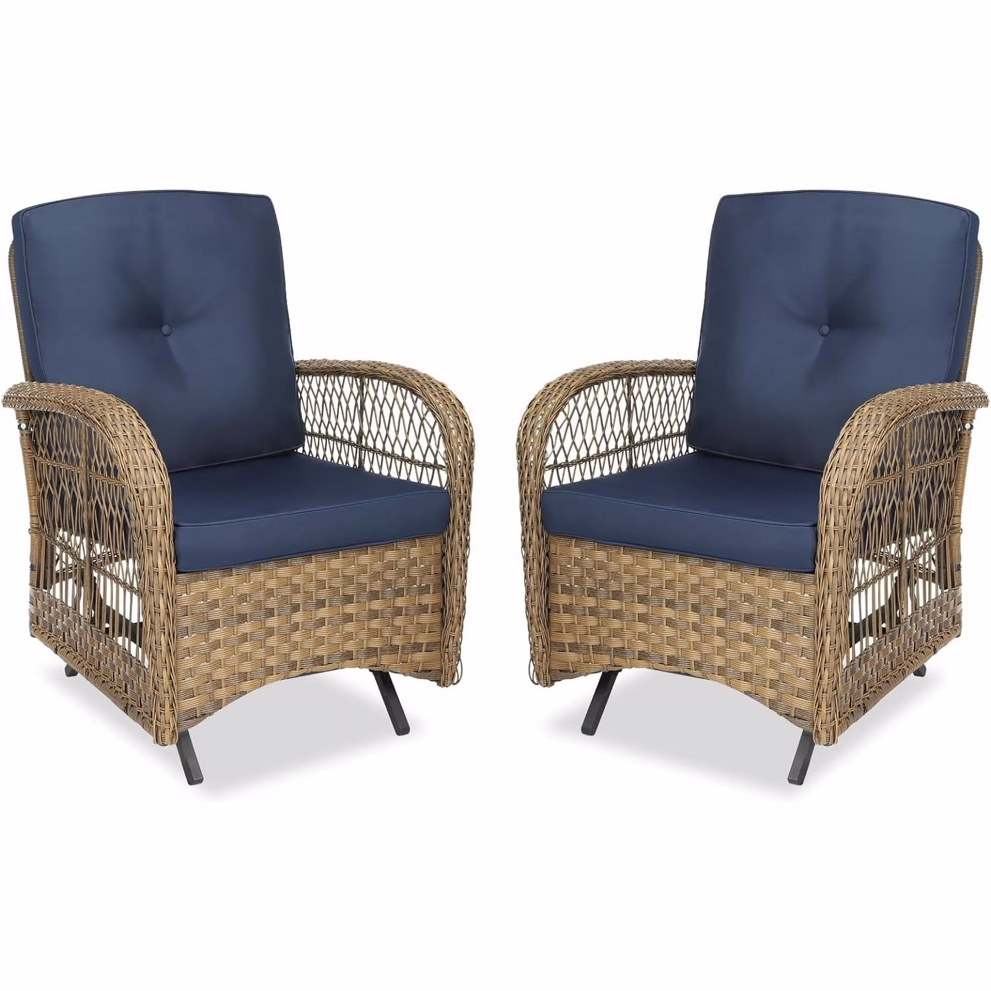 MEETWARM Patio Wicker Rocking Glider Set, All-Weather Outdoor Rattan Patio Rocking Chairs of 2, Patio Conversation Set with Thickened Cushions for Porch Garden & Backyard, Navy Blue