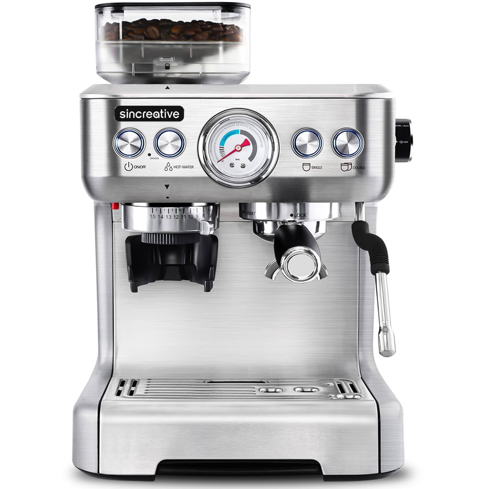 Sincreative Espresso Machine & Coffee Maker - 20Bar Semi Automatic Espresso Machine with Grinder & Steam Wand ÿ All in One Espresso Maker & Latte