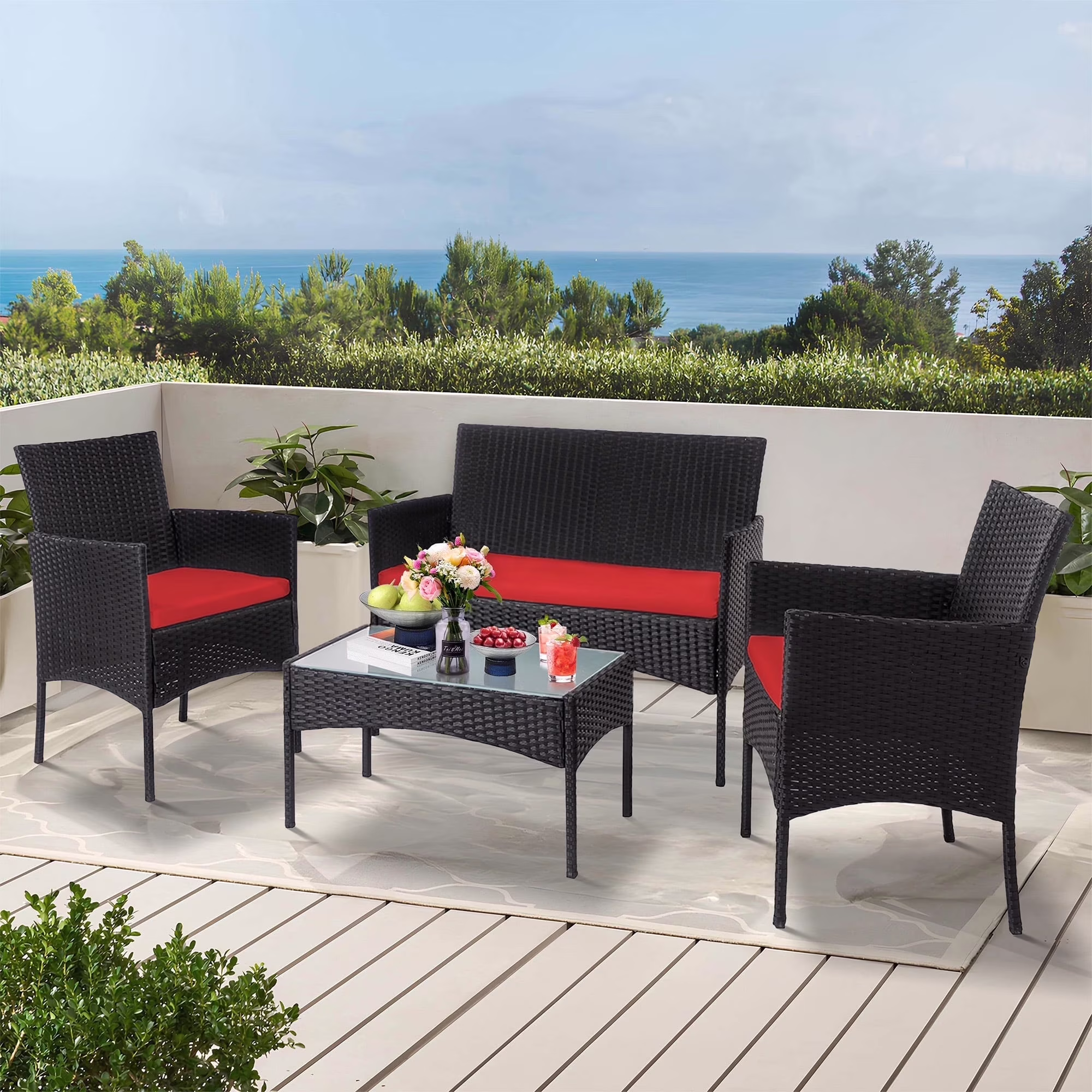 4 Piece Patio Conversation Wicker Furniture Set, Porch Furniture Outdoor Sectional Furniture Set w/Coffee Table Cushions Wicker Sofa Garden Conversation Set for Yard Pool Backyard,Black/Red(Red)