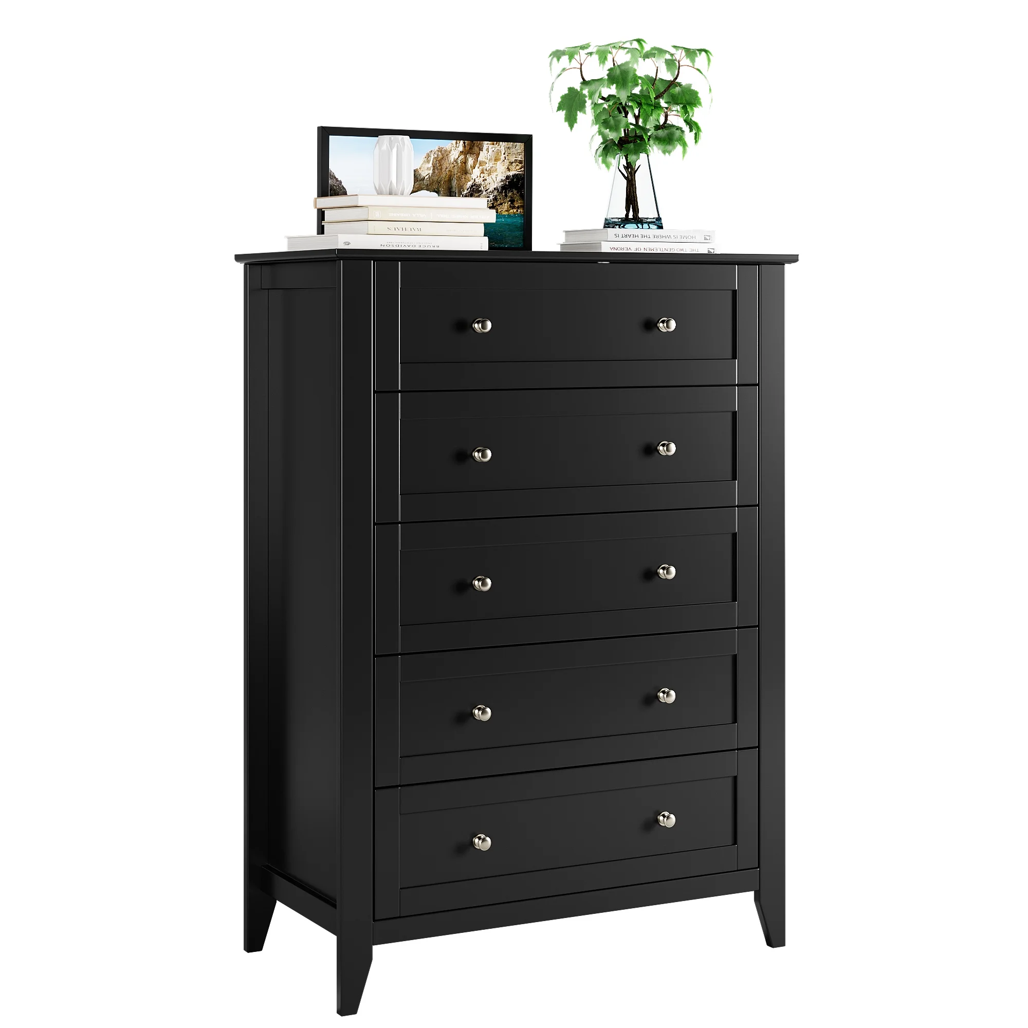 Dresser for Bedroom Black with 5 Drawers, Tall Wood Organizer Storage Cabinet with Round Handle, Drawer Dresser for Closet, Living Room, Hallway, Nursery, Kids Bedroom(5-Drawer Chest/Black) - Image 4