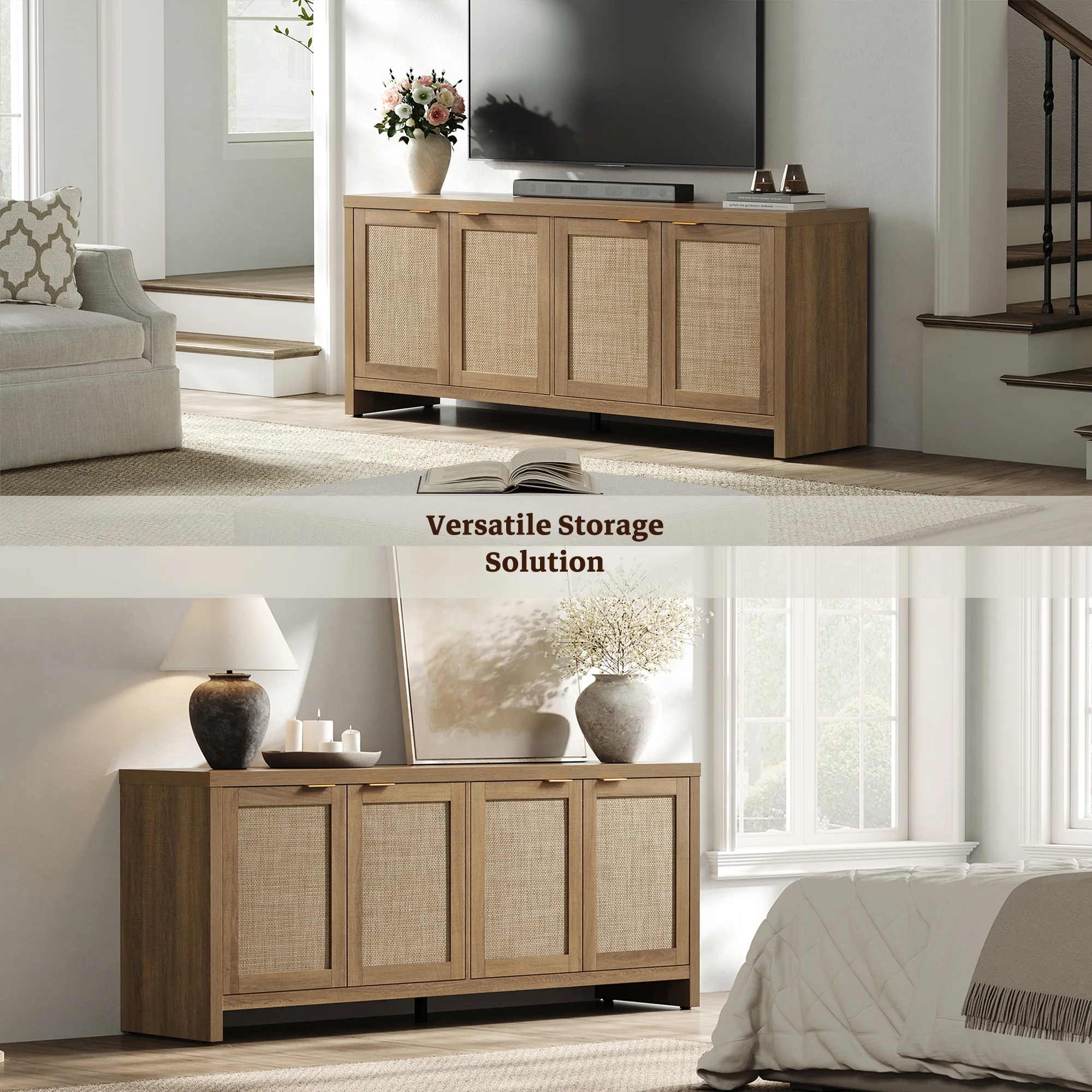61 5"W Rattan TV Stand with 4 Doors, Boho Entertainment Center with Adjustable Shelves Spacious Countertop �C Large Boho Farmhouse Media Console for Living Room, Reclaimed Caramel Oak(Natural Oak/Single) Image 4