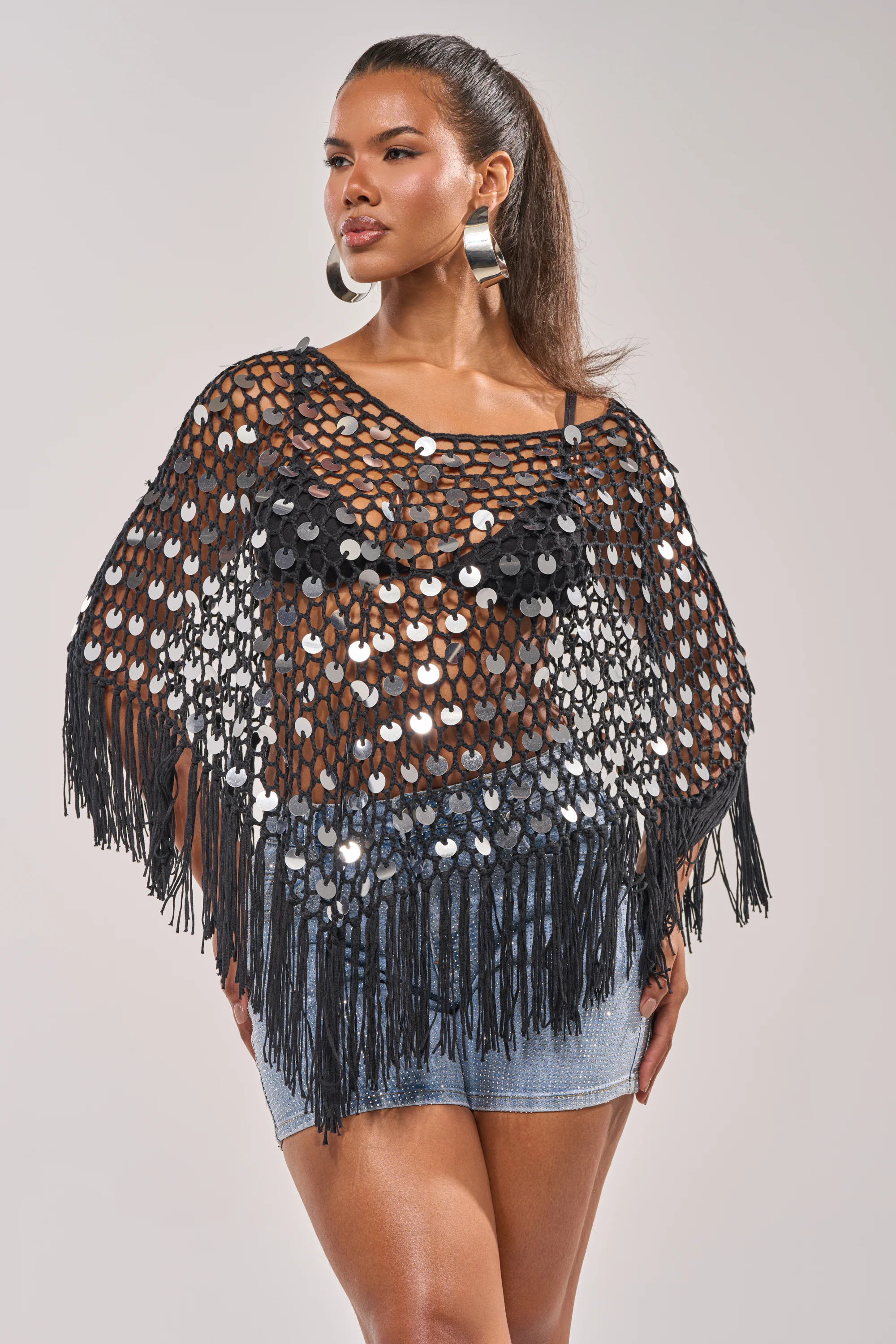 UNDER THE LIGHTS CROCHET SEQUIN PONCHO - Akira Store