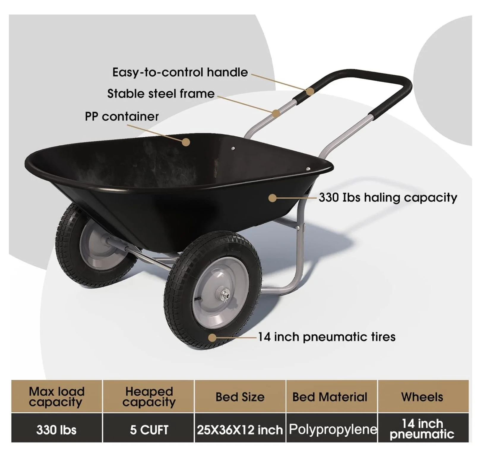 Enlarged 2-Wheel Wheelbarrow, Easy Loading and Dumping Garden Cart, Heavy Duty Utility Dump Cart for Outdoor Lawn Yard Farm Ranch, Black - Image 6