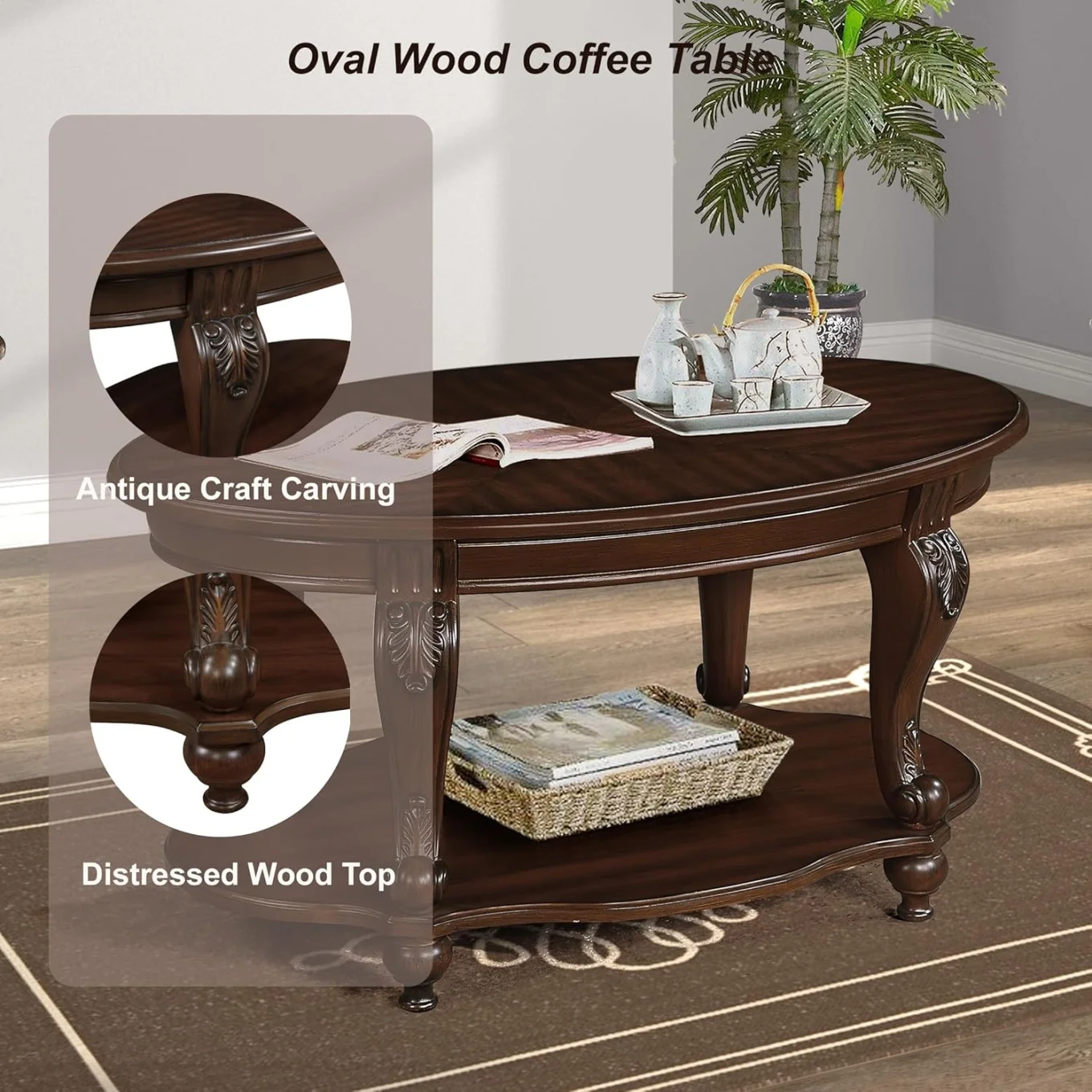 42" Oval Coffee Table with Storage Shelf, 2-Tier Solid Wood Cocktail Tea Table, Traditional Retro Center Table for Living Room, Bearing 400LBS, Cherry(Cherry) - Image 6