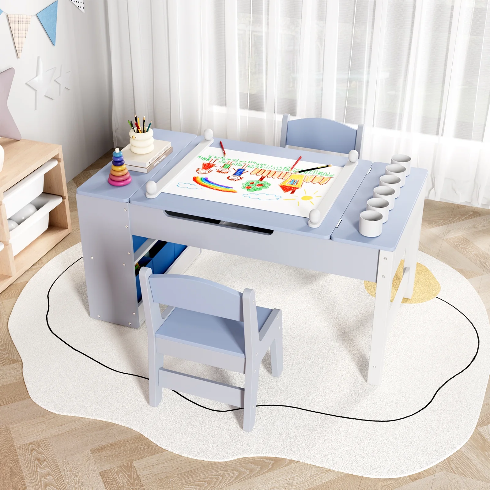 Kids Art Table and 2 Chairs Set, 2 in 1 Easel Toddler Craft Table and Chairs Set with Storage Bins, Paint Cups and Paper Roll, Activity Table Set for Children 3+(Blue) - Image 2