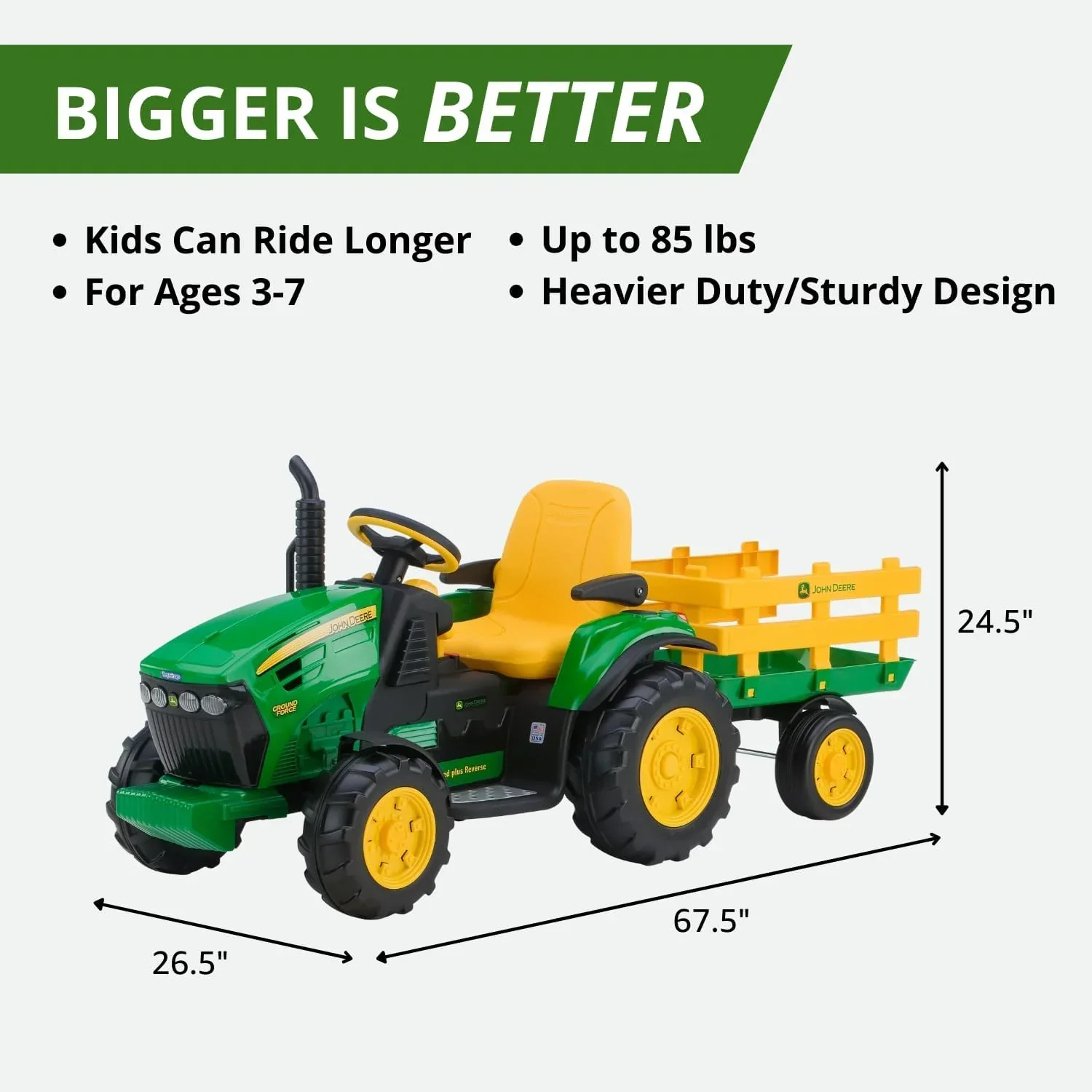 Tracteur électrique Peg Perego John Deere Ground Force avec remorque, 12 volts.