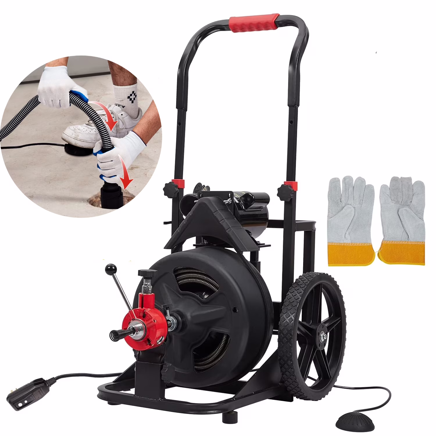 Sewer Snake 100 ft x 1/2 in, Professional Drain Auger with 6 Cutters Heacy-Duty Wheels for 1" to 4" Pipes, Black(Black)