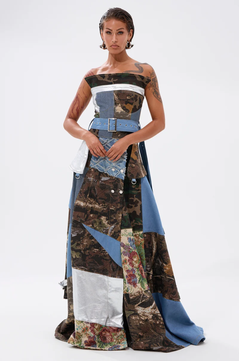 STRAPLESS TRENCH MAXI DRESS WITH PATCHWORK DETAIL - Akira Store