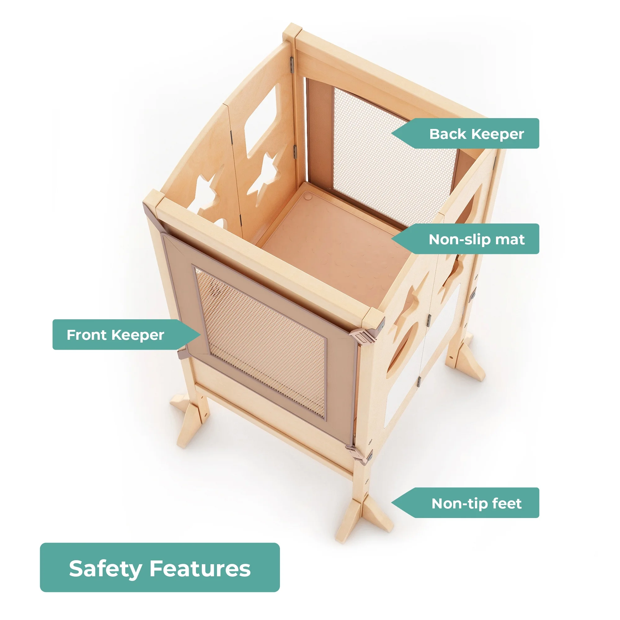 Classic Kitchen Helper Kids' Step Stool Natural: Foldable and Adjustable Wooden Toddler Tower for Learning with Keeper(Natural) - Image 4