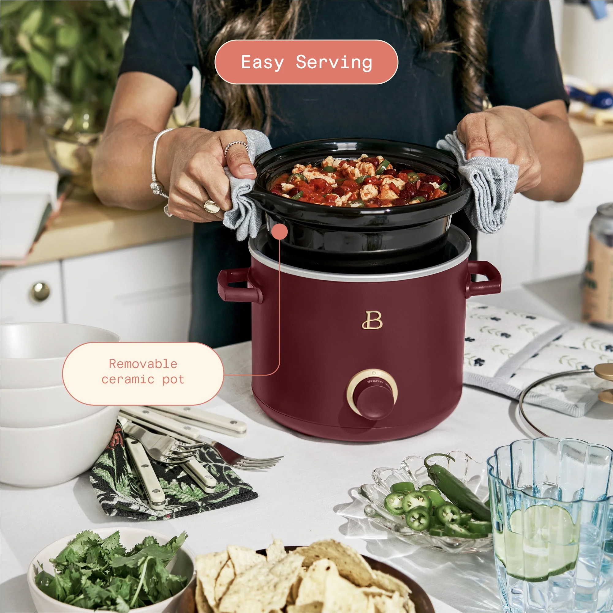 Beautiful 2 qt Slow Cooker Set, 2 Pack, White Icing and Merlot by Drew Barrymore, 19340, 100 W Image 3