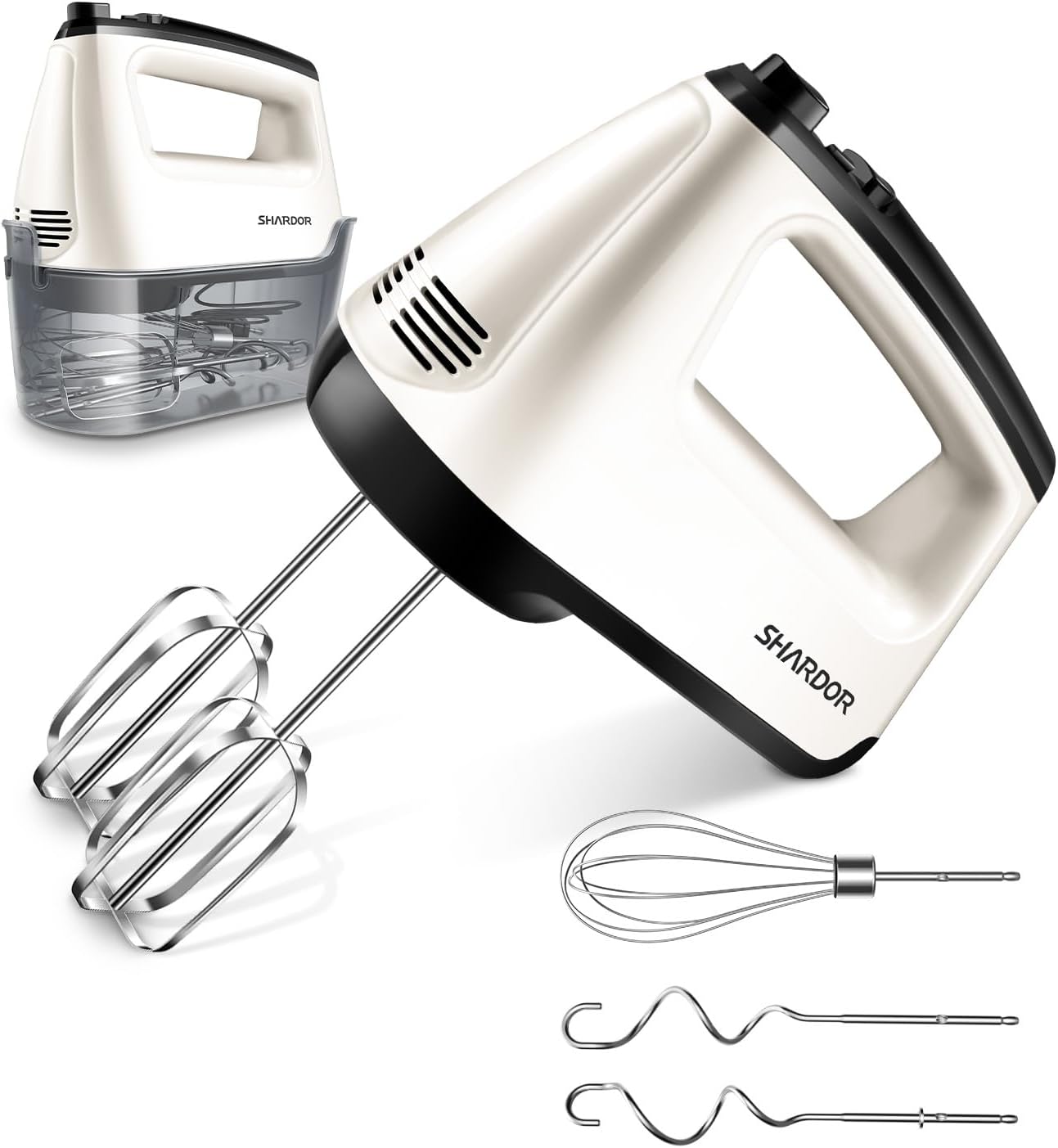 SHARDOR Hand Mixer Electric, 6 Speed & Turbo Mixer Electric Handheld, Snap-On Storage Case, 5 Stainless Steel Accessories for Whipping, Mixing Cookies, Brownies, Cakes, Dough Batters, White