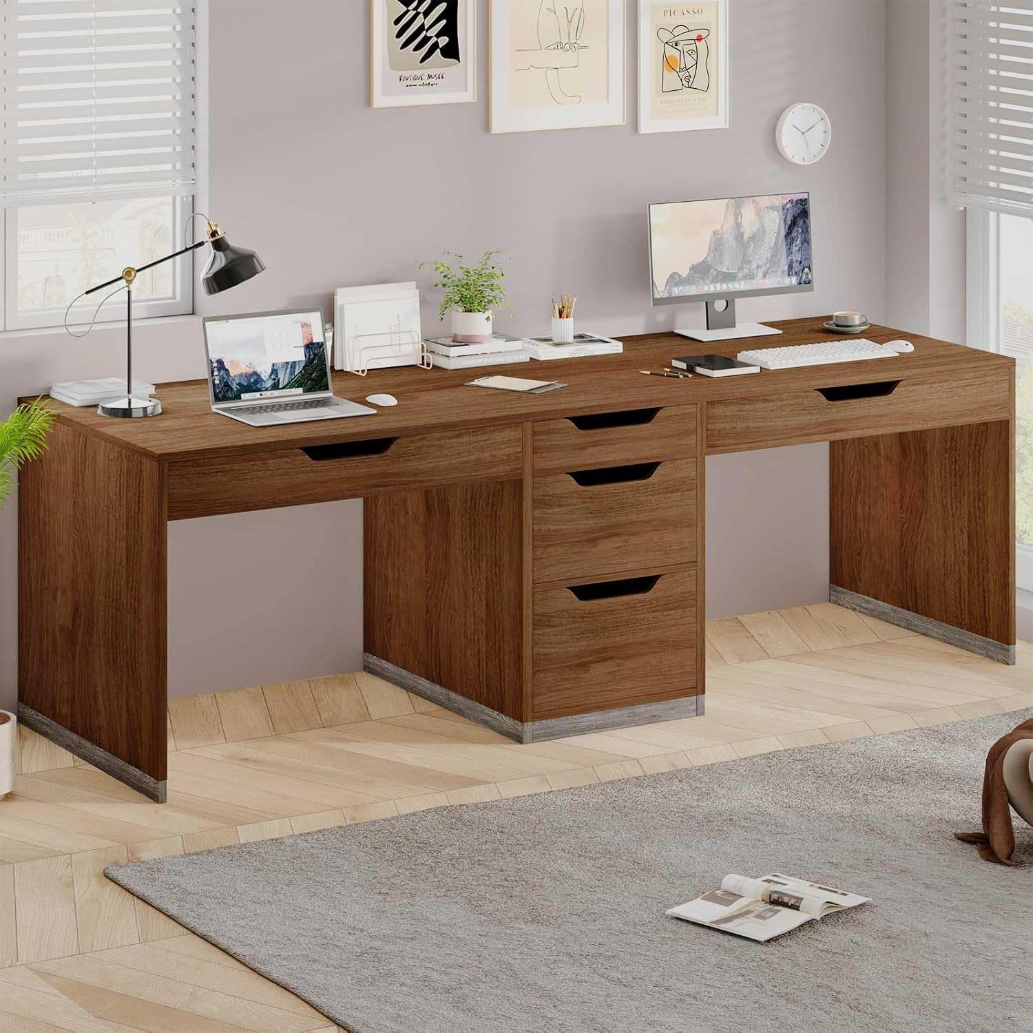 Two Person Desk with 5 Drawers, Double Desk with Storage for 2 People, 78 Inch Extra Long Computer Desk Workstation with File Drawer for Home Office, Brown