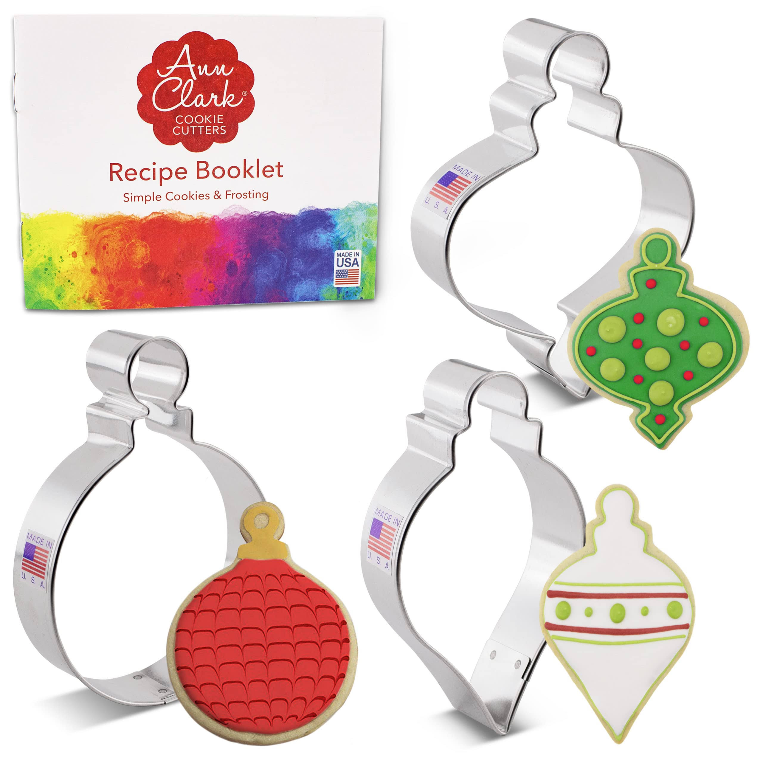 Ann Clark Cookie Cutters 3-Piece Christmas Ornament Cookie Cutter Set with Recipe Booklet