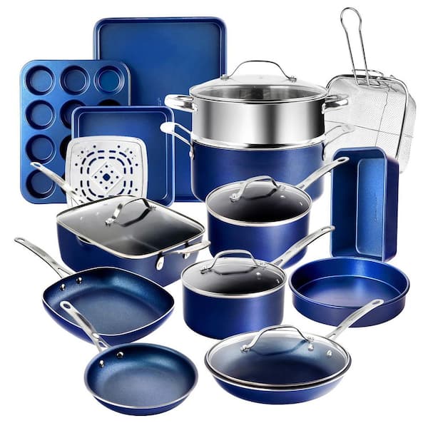 Classic Blue 20 Piece Aluminum Ultra Durable Non Stick Diamond Infused Cookware and Bakeware Set