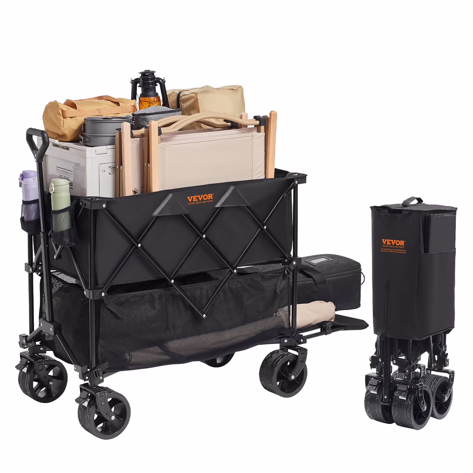 VEVOR Foldable Double Decker Wagon, 400 L Collapsible Wagon Cart with All - Terrain Wheels, Heavy Duty Folding Wagon Cart 350 - 450 lb Weight Capacity for Camping, Shopping, Garden, 52