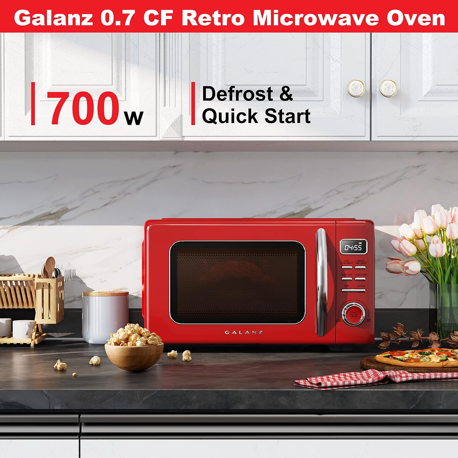 Galanz GLCMKZ07RDR07 Retro Countertop Microwave Oven with Auto Cook & Reheat, Defrost, Quick Start Functions, Easy Clean with Glass Turntable, Pull Handle. 7 cu ft, Red