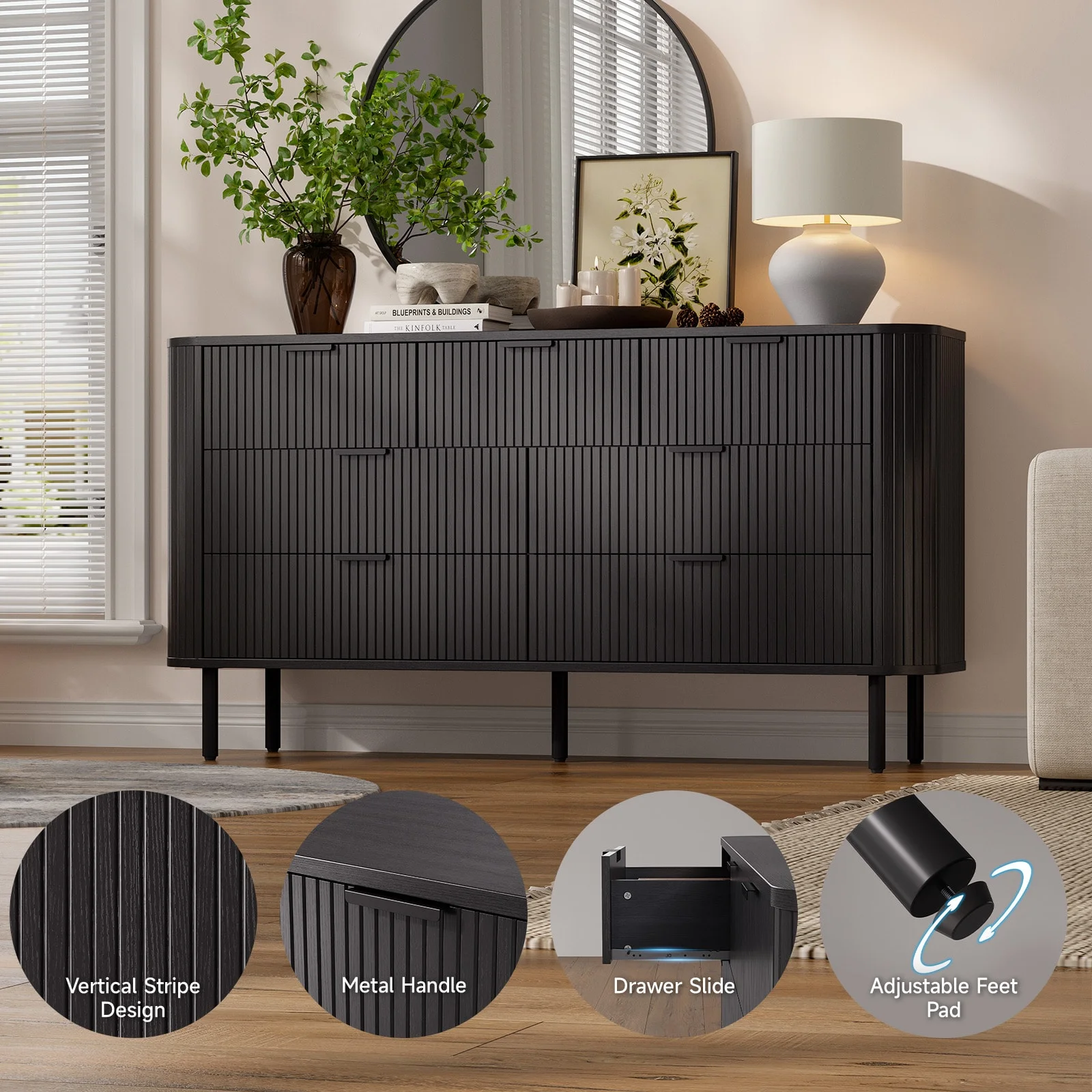 7-Drawer Fluted Dresser for Bedroom, 60 Inch Wide Modern Wood Chest with Metal Handles, Curved Profile Design Also Ideal as TV Stand for Living Room, Hallway, Black(Black) - Image 4