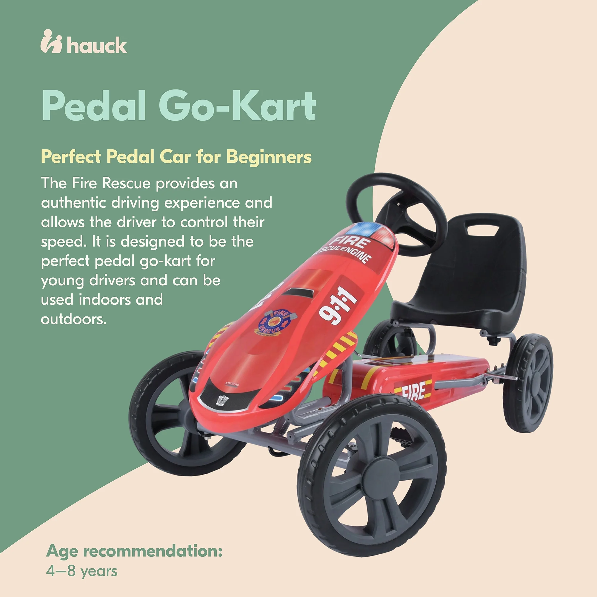 Speedster Pedal Go Kart w/ Adjustable Bucket Seat for Kids Ages 4 to 8, Fire Rescue(Red, Fire Engine) Image 4