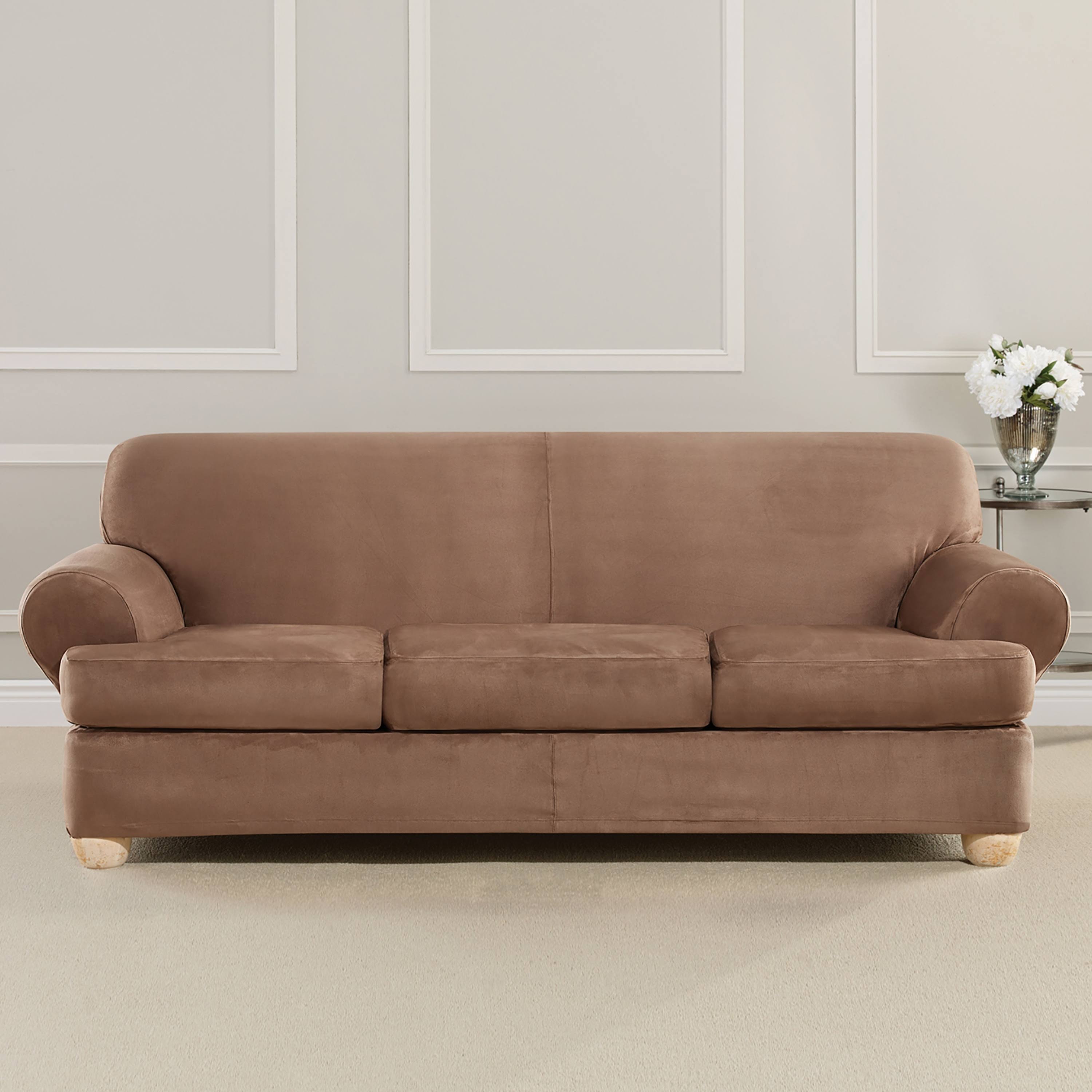 Sure Fit Ultimate Stretch Suede 4-Piece T-Sofa Slipcover, Luggage Brown