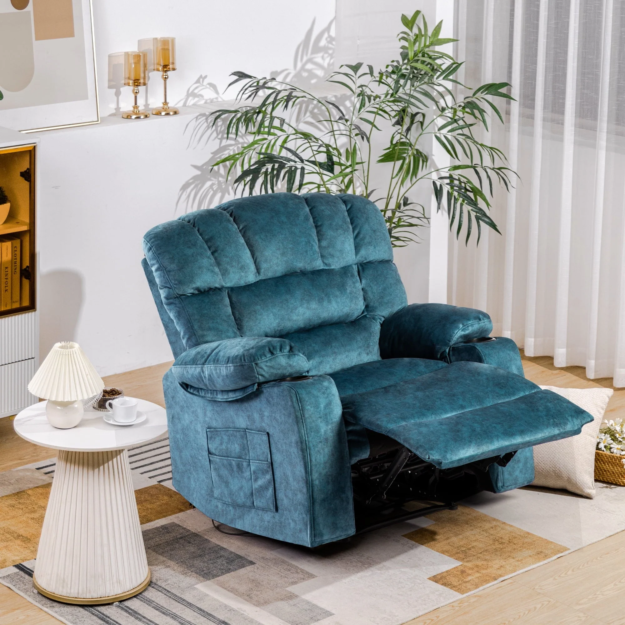 40 9" Wide Super Soft and Oversize Modern Design Velvet Upholstered Manual Recliner Chair with Heating and Massage, Green(Blue) Image 2