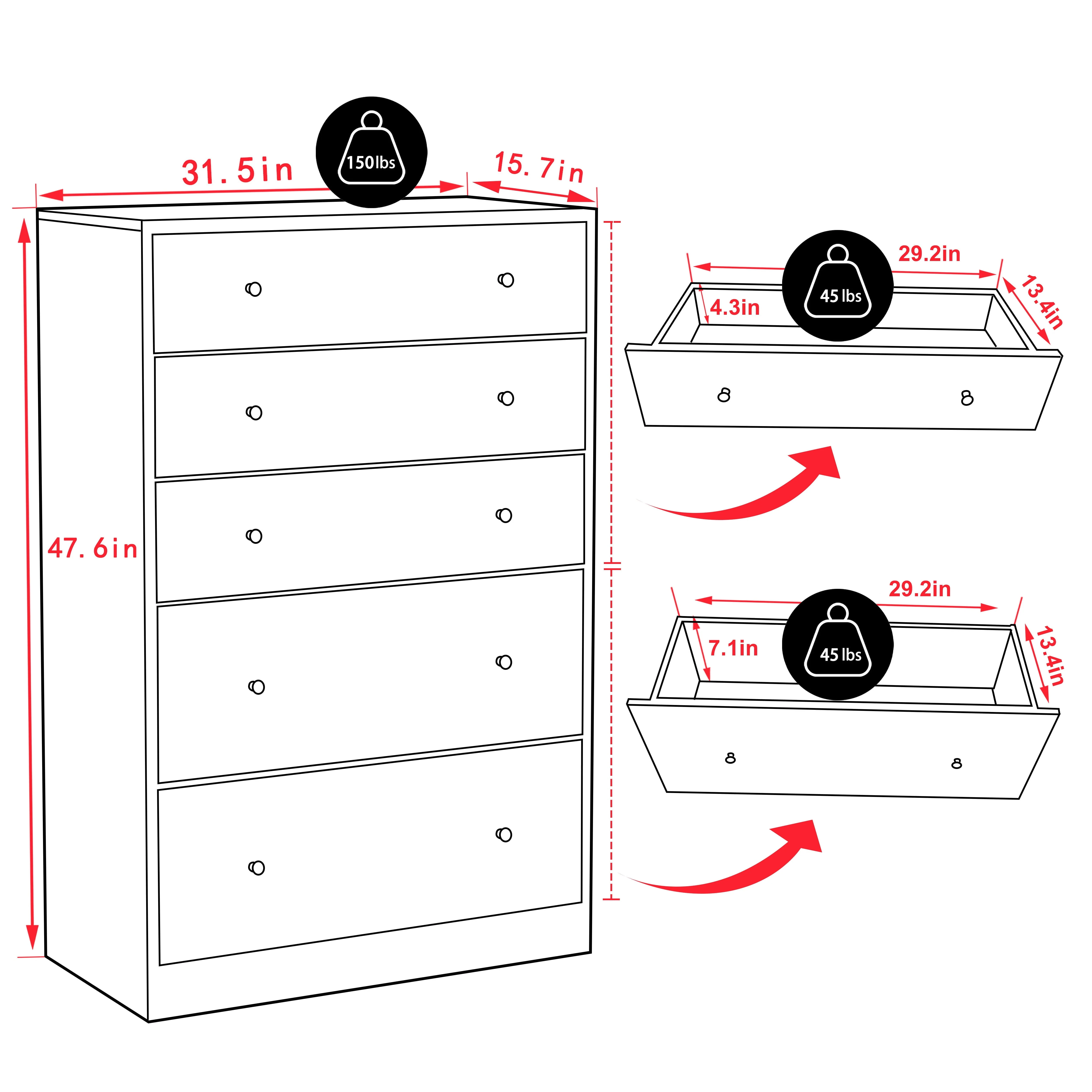 VEIKOUS 5 Drawer Dresser Chest of Oversized Natutal Wood Dresser Cabinet for Storage, Black(Black/5 drawer) Image 6